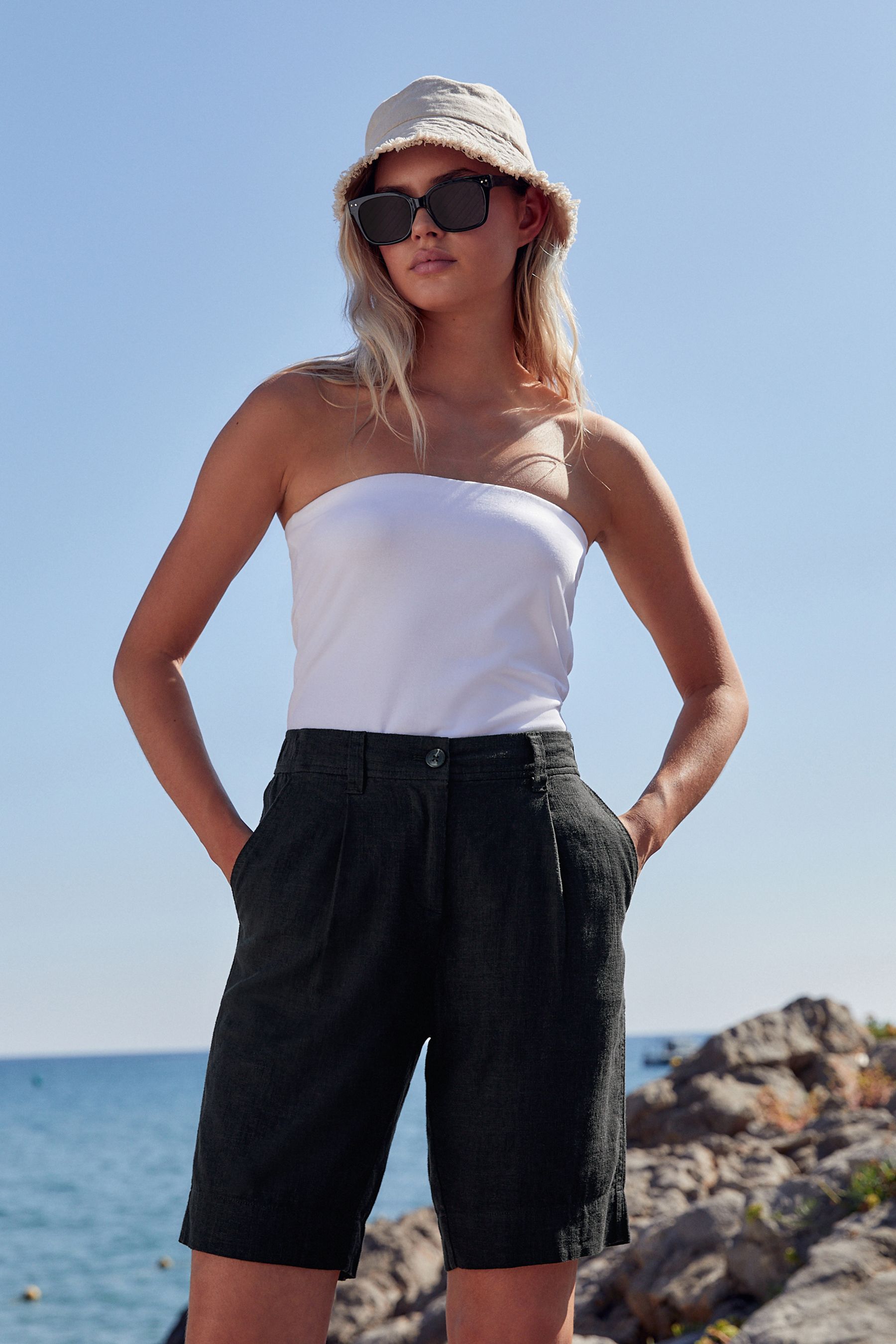 Black Linen Blend Knee Length Shorts
