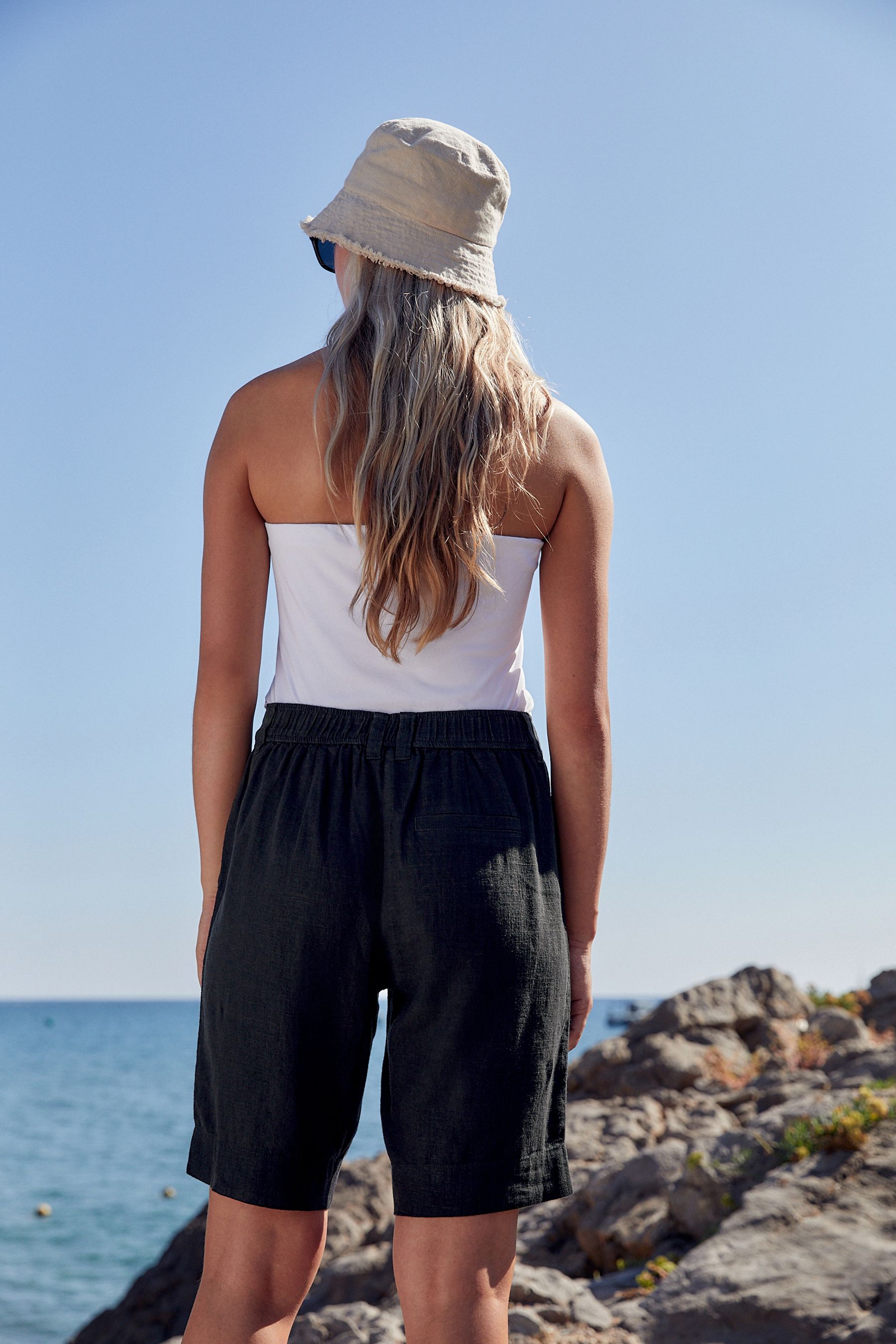 Black Linen Blend Knee Length Shorts