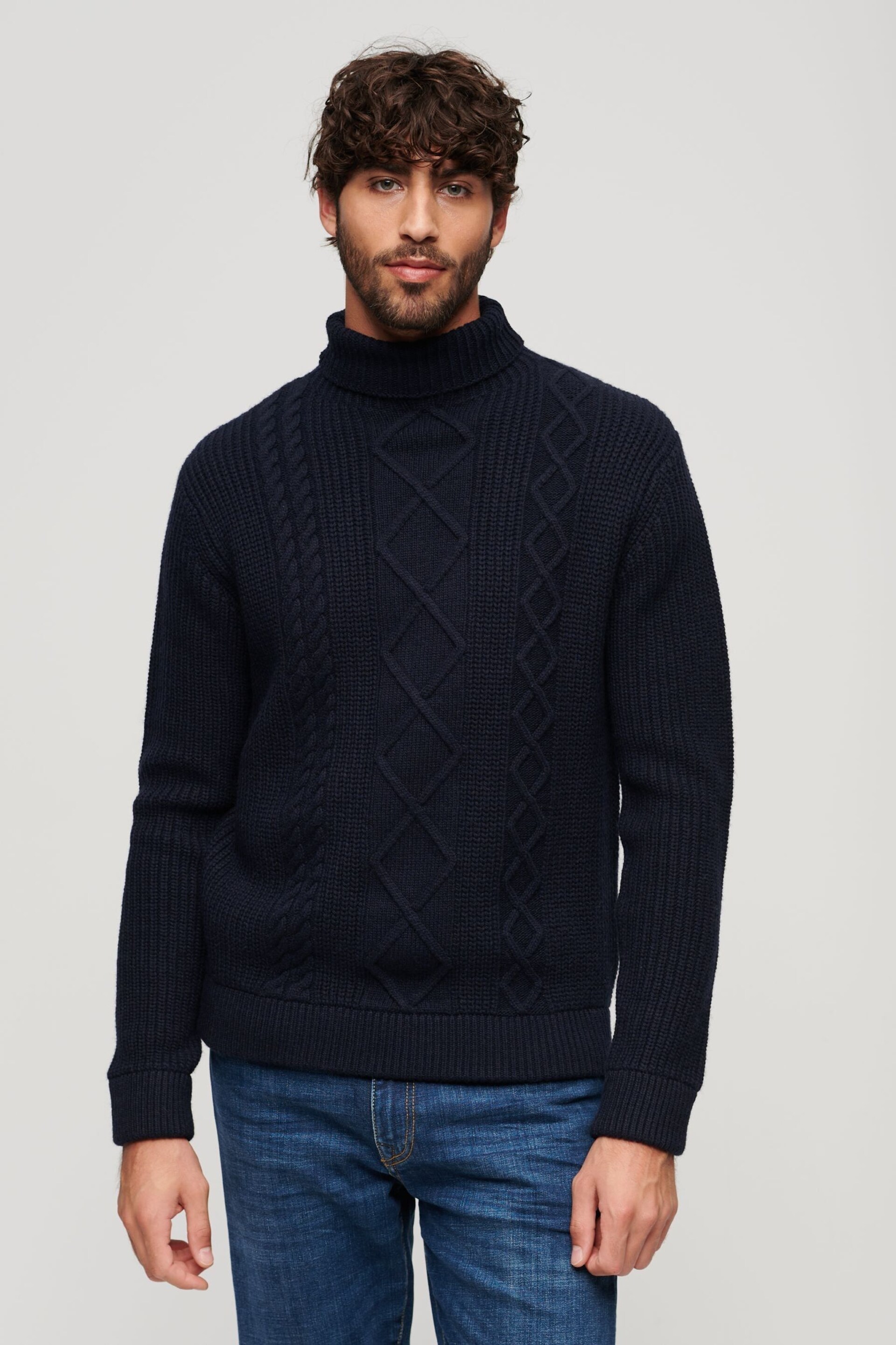 Superdry Blue The Merchant Store Cable Roll Neck Jumper - Image 1 of 3
