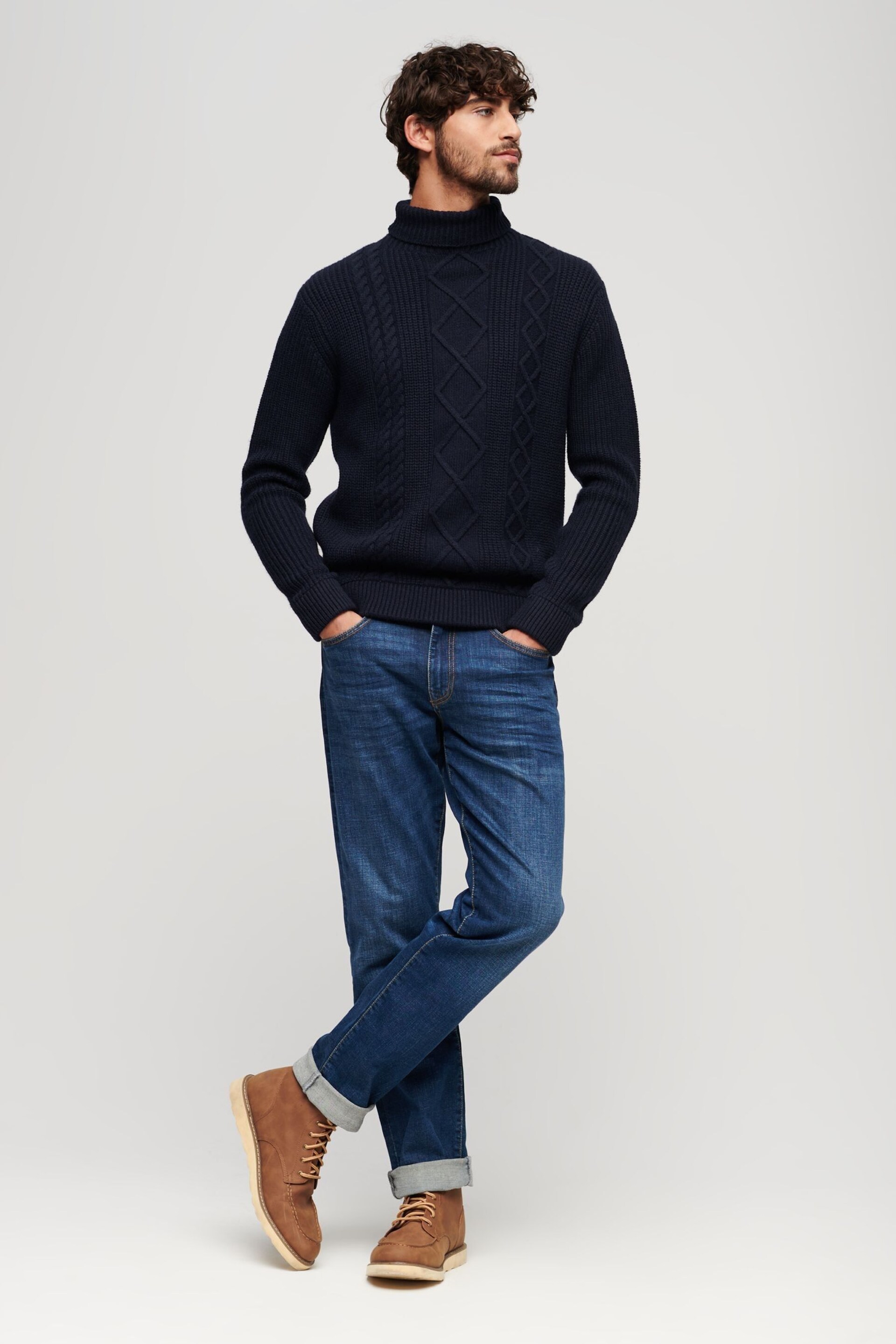 Superdry Blue The Merchant Store Cable Roll Neck Jumper - Image 2 of 3