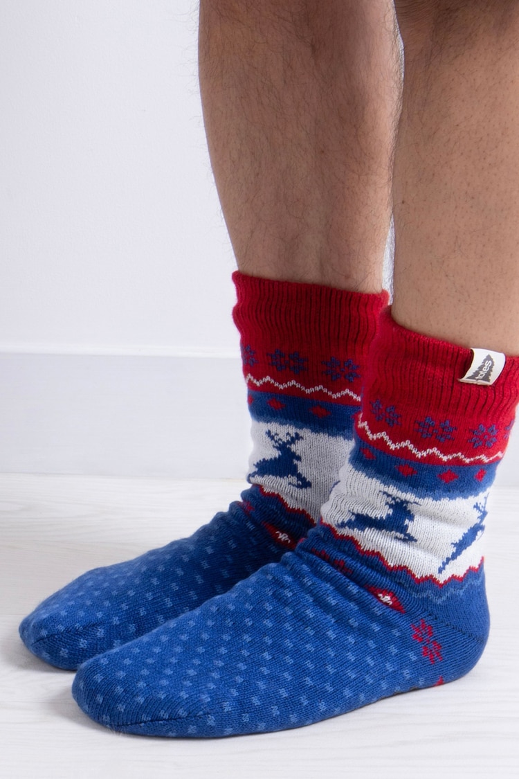 Totes Blue Mens Sherpa Lined Fair Isle Slipper Socks - Image 1 of 5