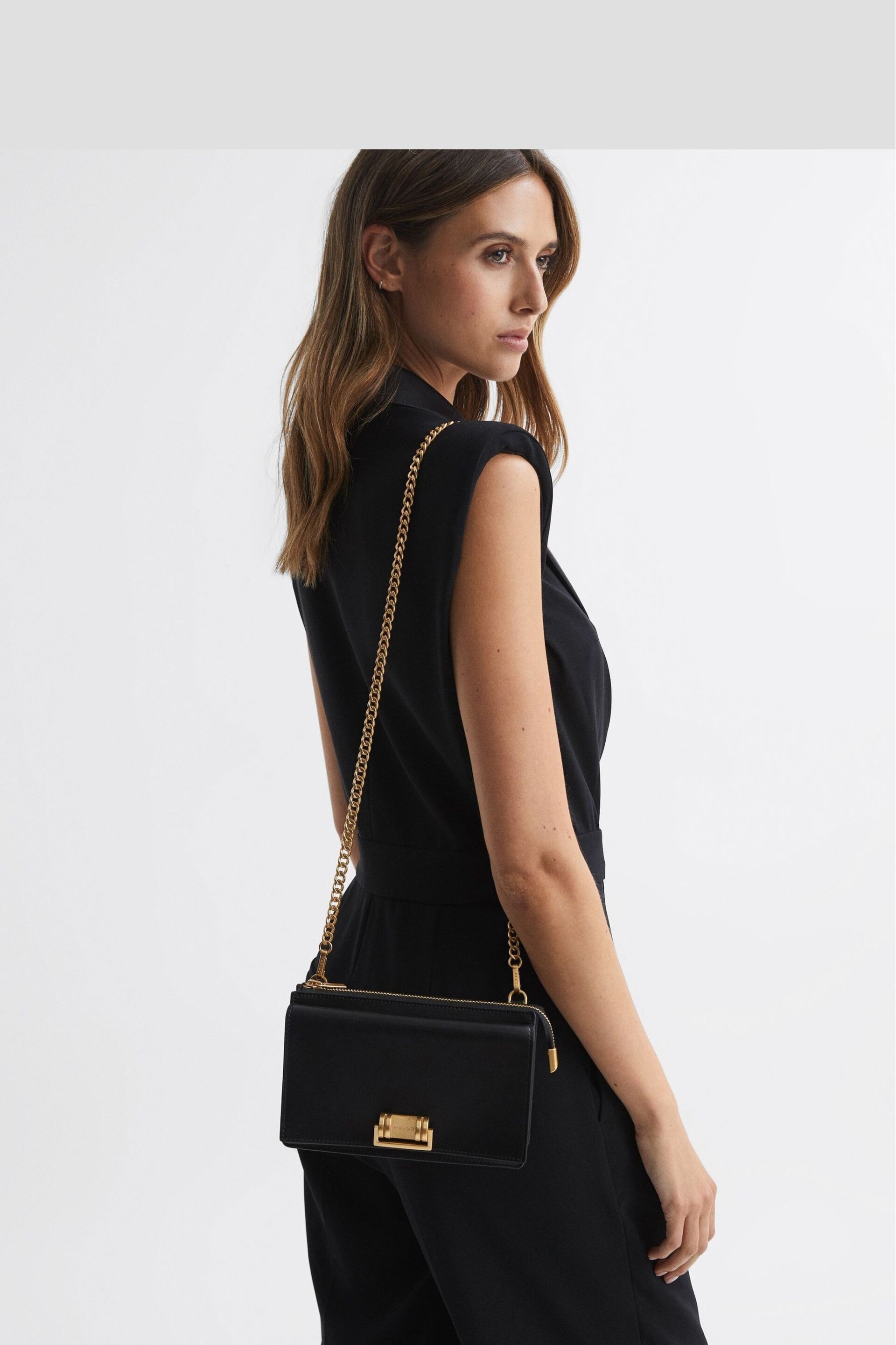 Reiss Black Picton Leather Chain Crossbody Bag - Image 2 of 5