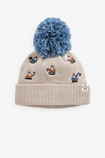 Neutral Embroidered Digger Pom Hat (3mths-10yrs)