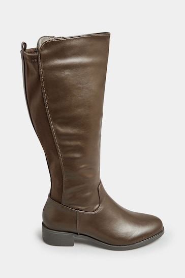 Yours Curve Brown Extra Wide Fit Stretch PU Knee Boots