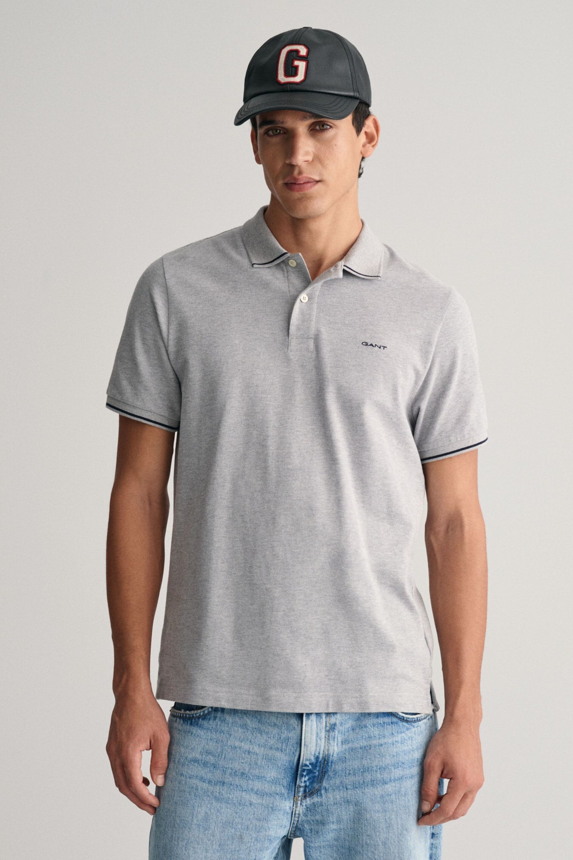 GANT Grey Tipped Piqué Polo Shirt - Image 1 of 5