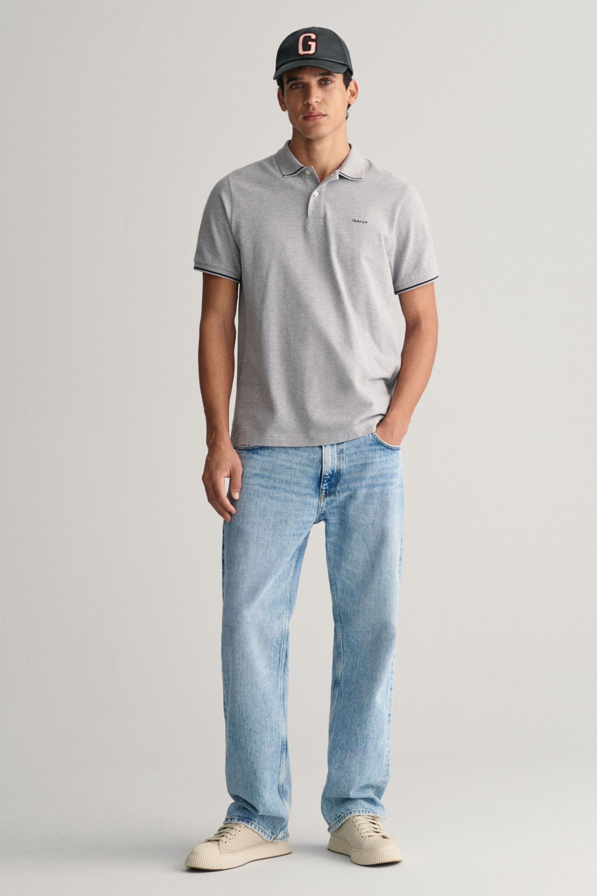 GANT Grey Tipped Piqué Polo Shirt - Image 3 of 5