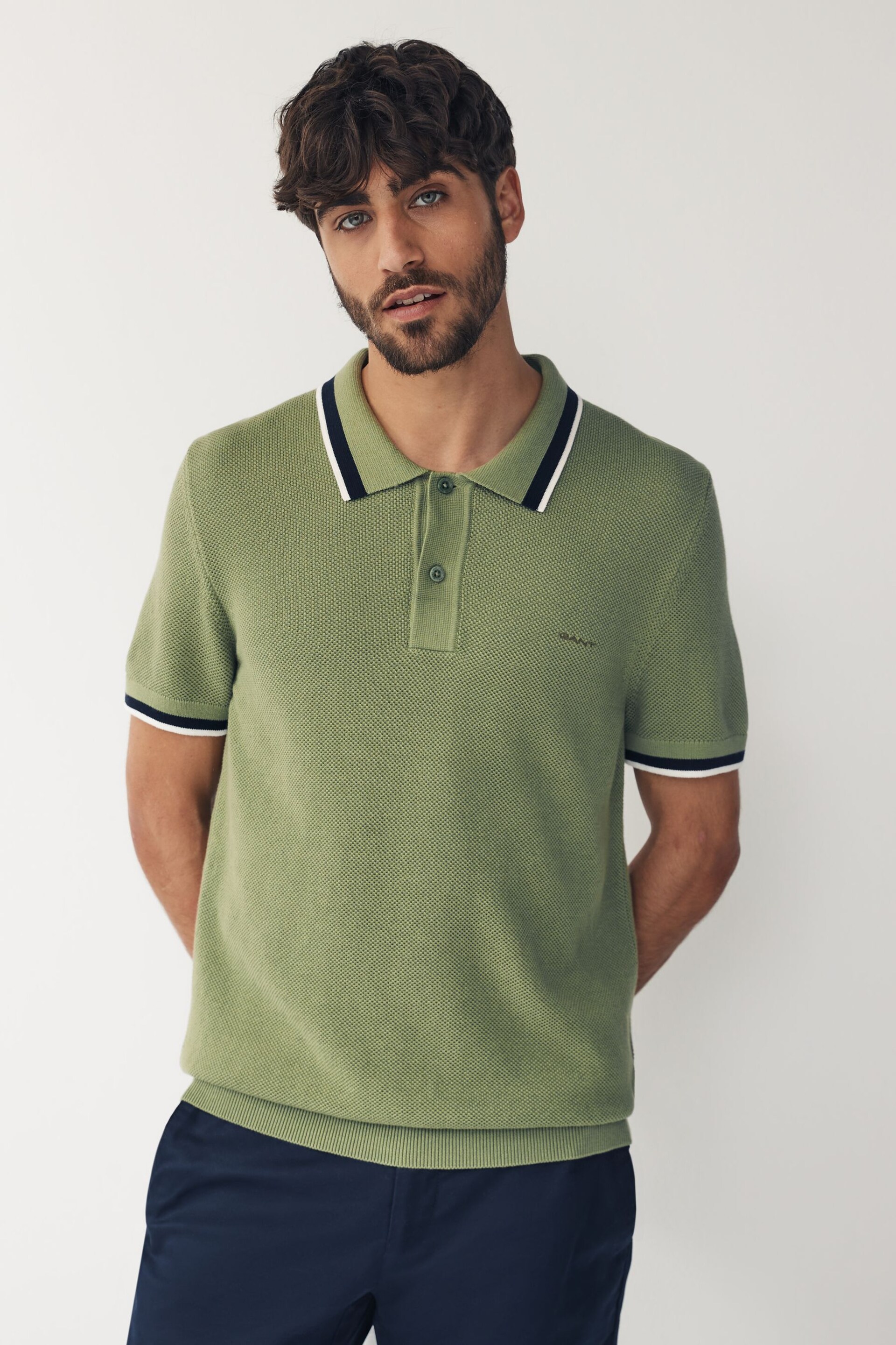 GANT Green Cotton Piqué Knitted Polo Shirt - Image 1 of 5