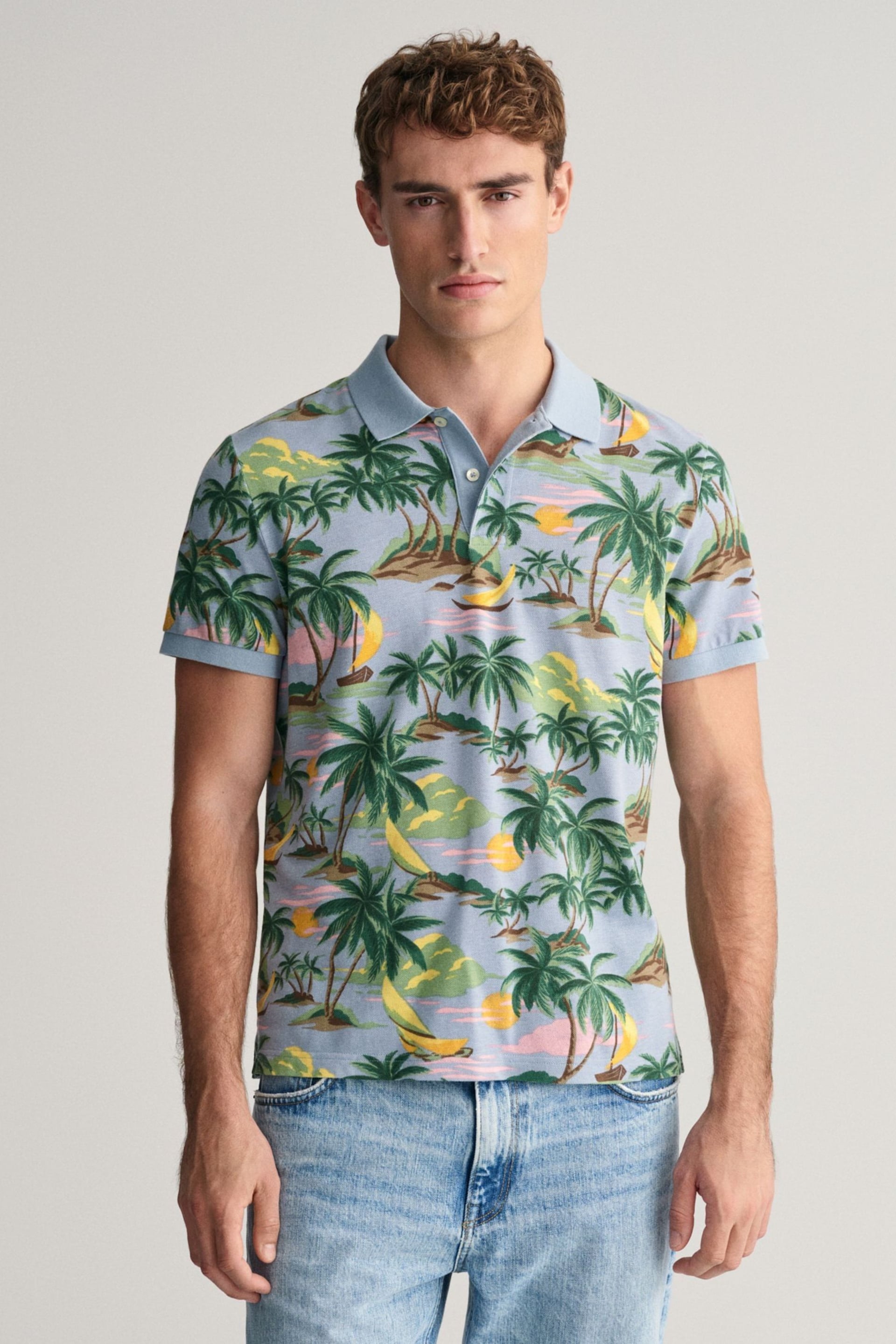 GANT Blue Hawaiian Print Polo Shirt - Image 3 of 8