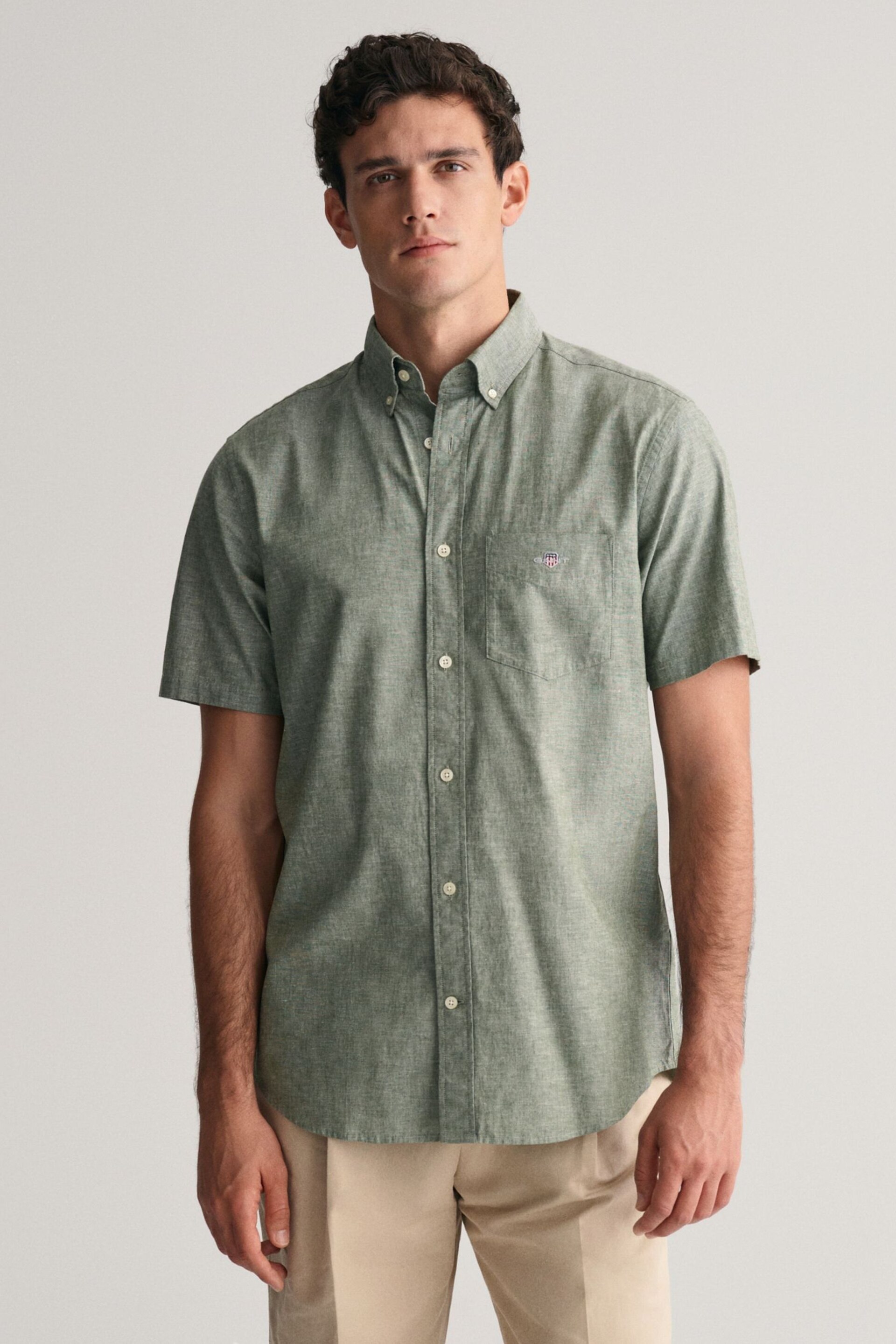 GANT Green Regular Fit Cotton Linen Short Sleeve Shirt - Image 4 of 8