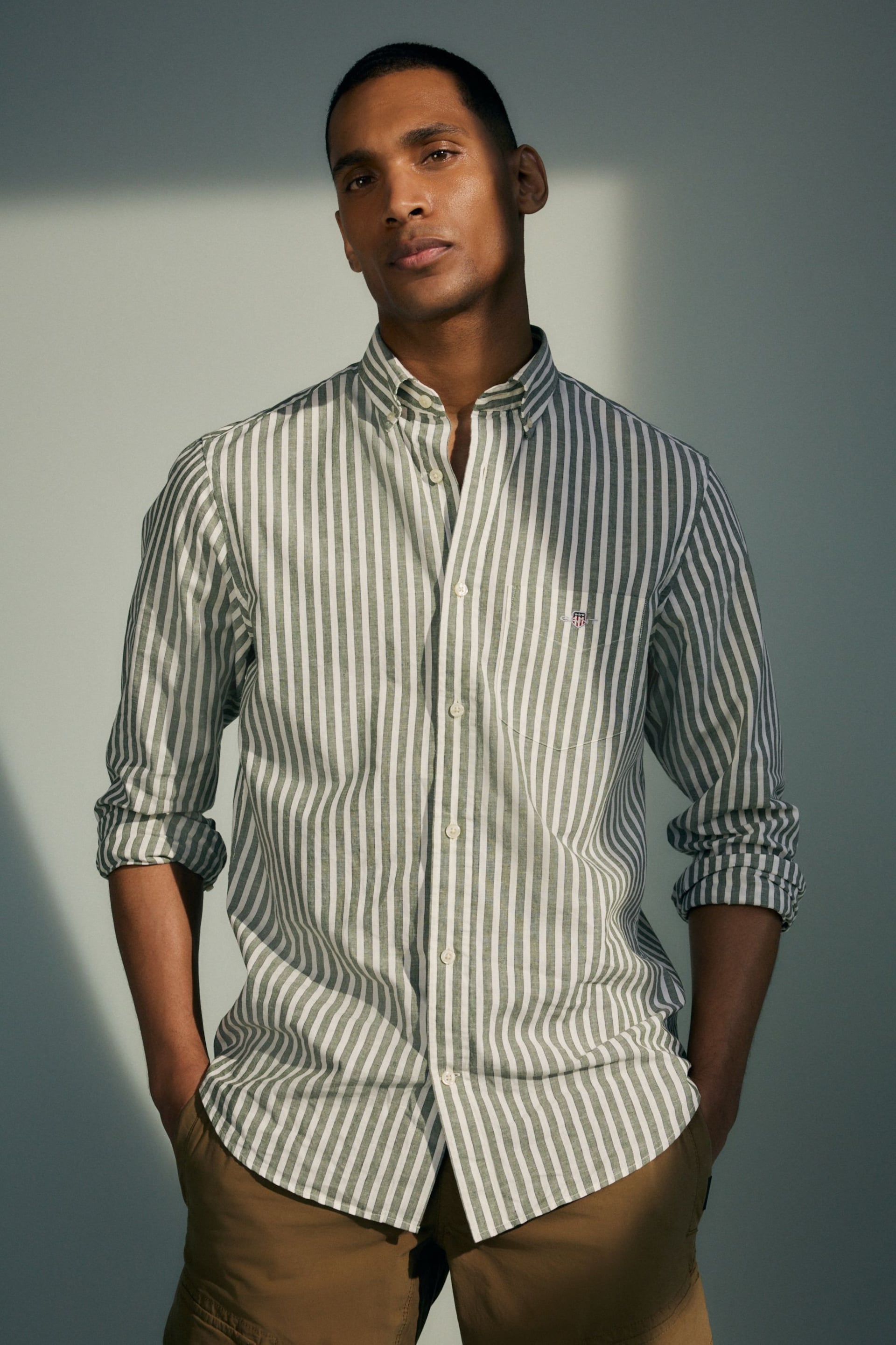 GANT Green Regular Fit Striped Cotton Linen Shirt - Image 1 of 13