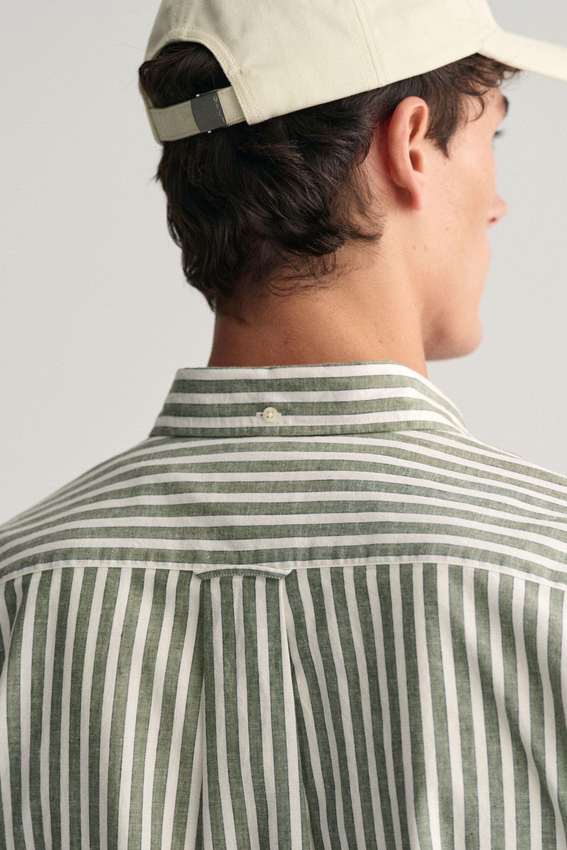 GANT Green Regular Fit Striped Cotton Linen Shirt - Image 10 of 13