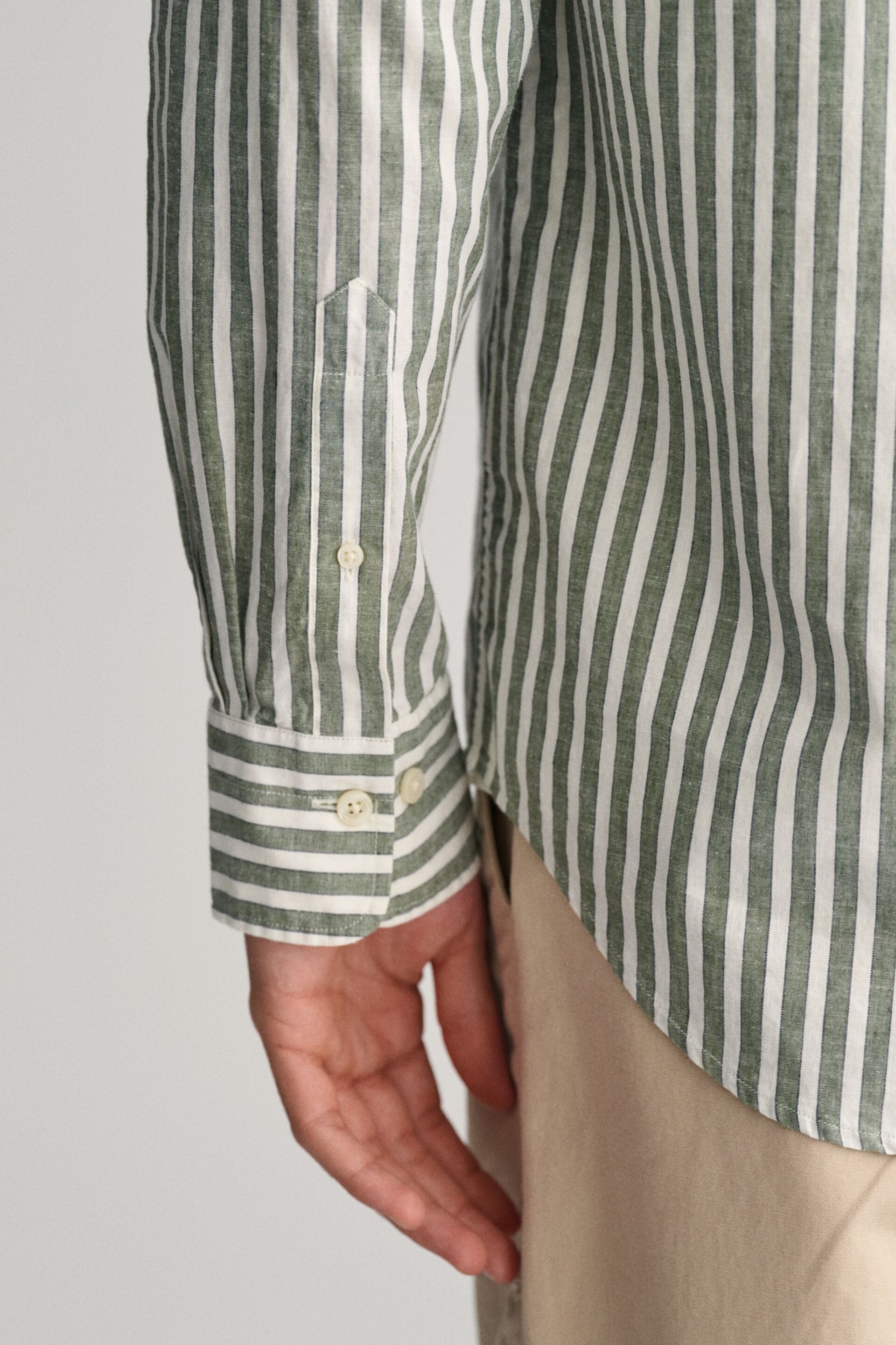 GANT Green Regular Fit Striped Cotton Linen Shirt - Image 12 of 13