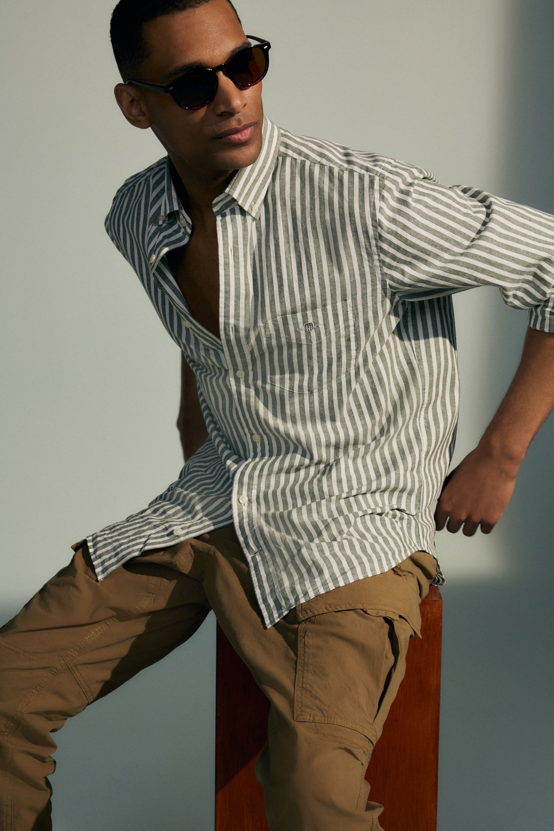 GANT Green Regular Fit Striped Cotton Linen Shirt - Image 2 of 13