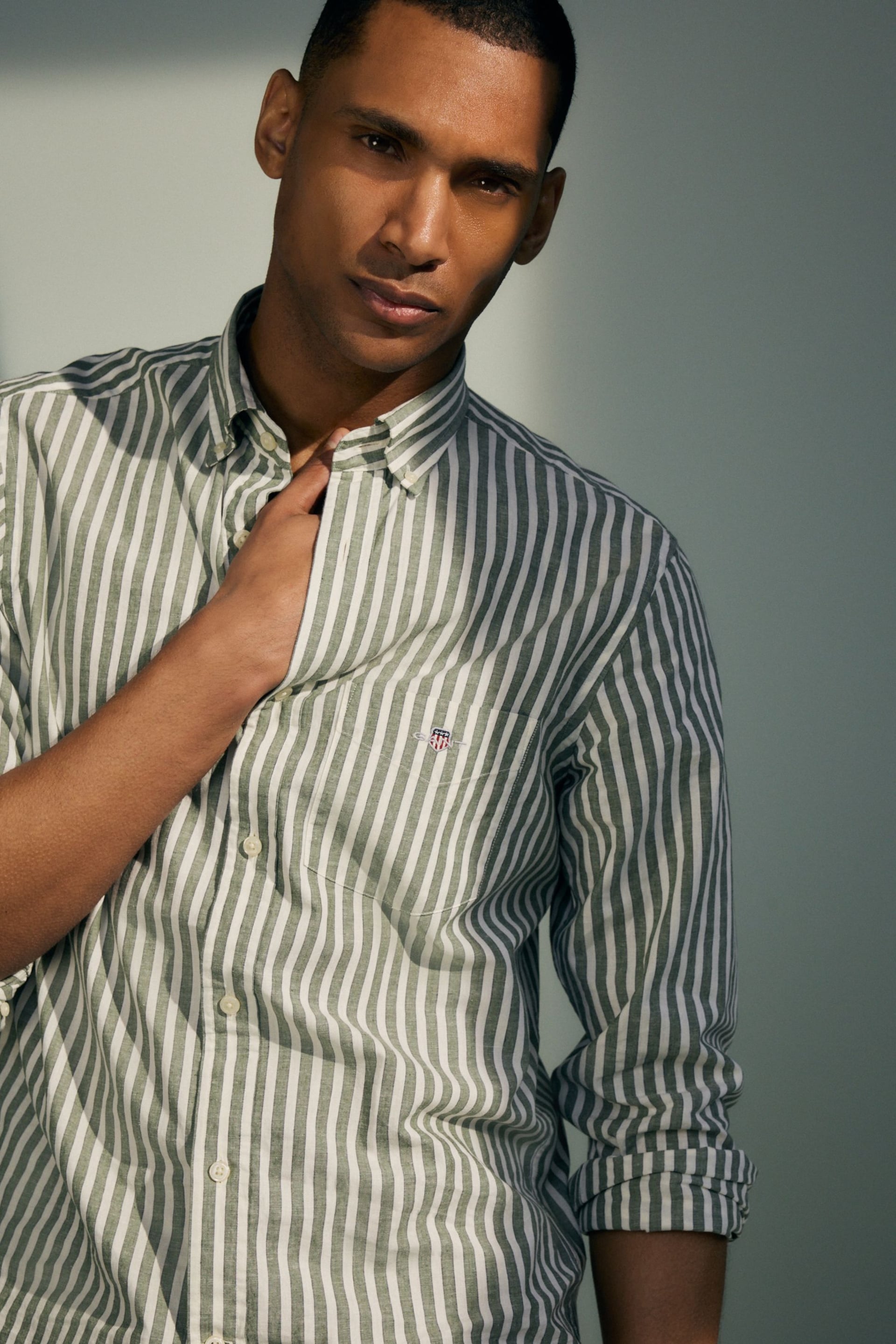 GANT Green Regular Fit Striped Cotton Linen Shirt - Image 3 of 13
