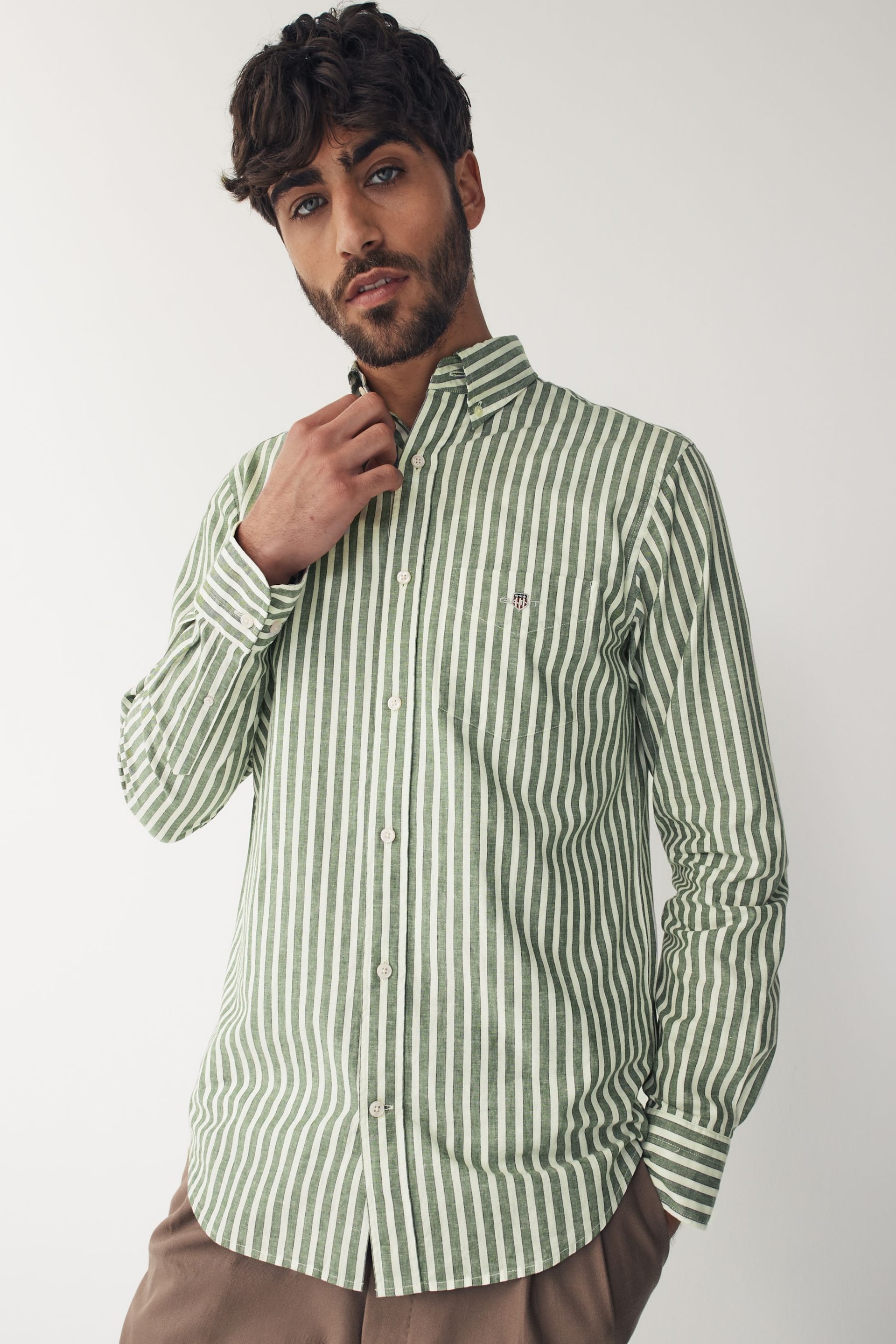 GANT Green Regular Fit Striped Cotton Linen Shirt - Image 4 of 13