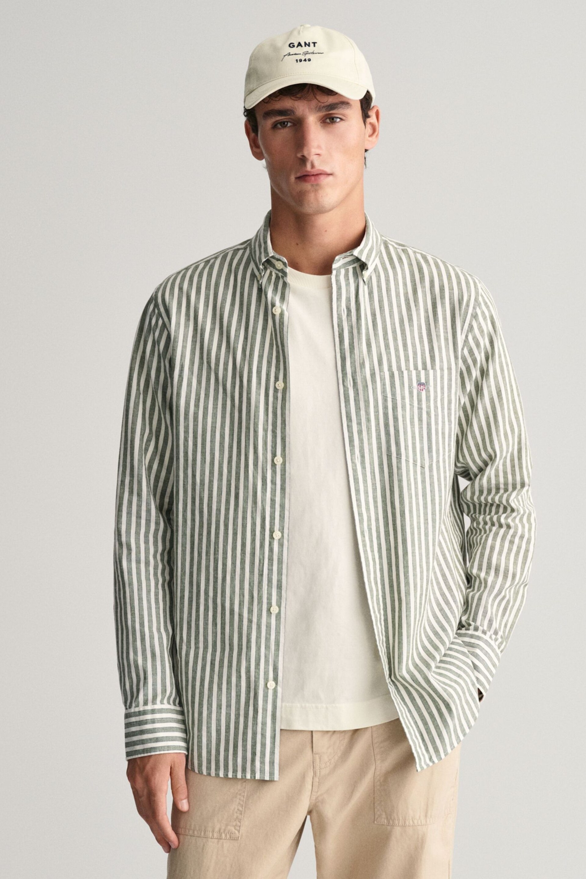 GANT Green Regular Fit Striped Cotton Linen Shirt - Image 6 of 13