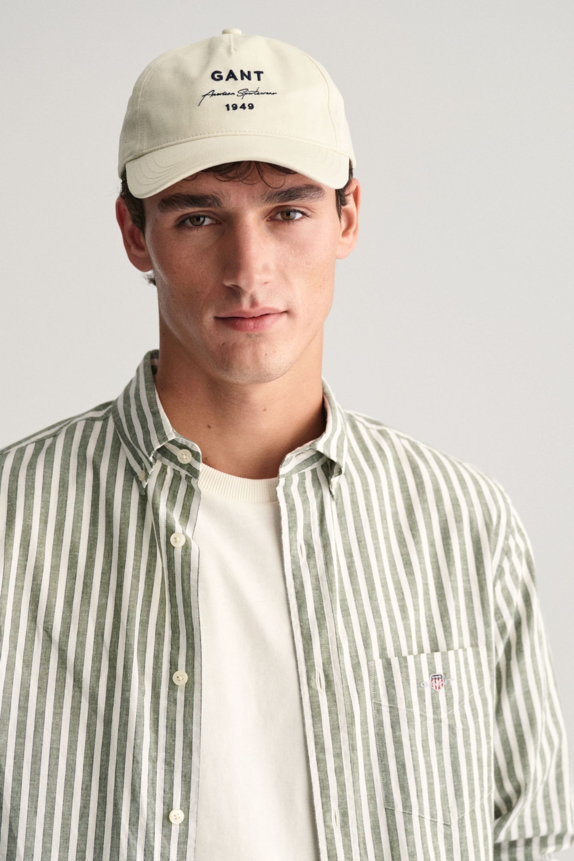 GANT Green Regular Fit Striped Cotton Linen Shirt - Image 9 of 13