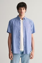 GANT Blue Regular Fit Cotton Linen Short Sleeve Shirt - Image 1 of 5