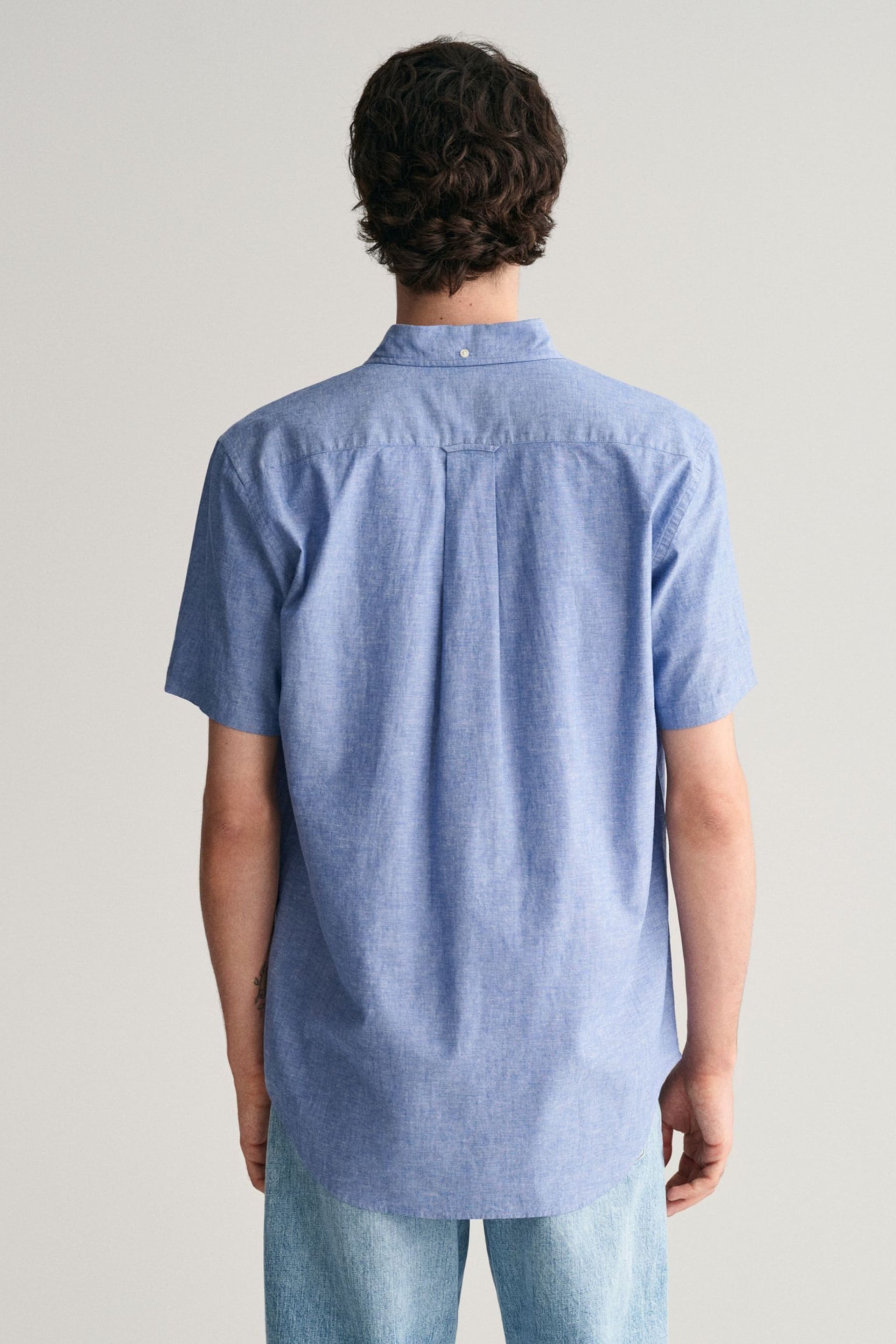 GANT Blue Regular Fit Cotton Linen Short Sleeve Shirt - Image 2 of 5