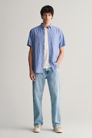 GANT Blue Regular Fit Cotton Linen Short Sleeve Shirt - Image 3 of 5