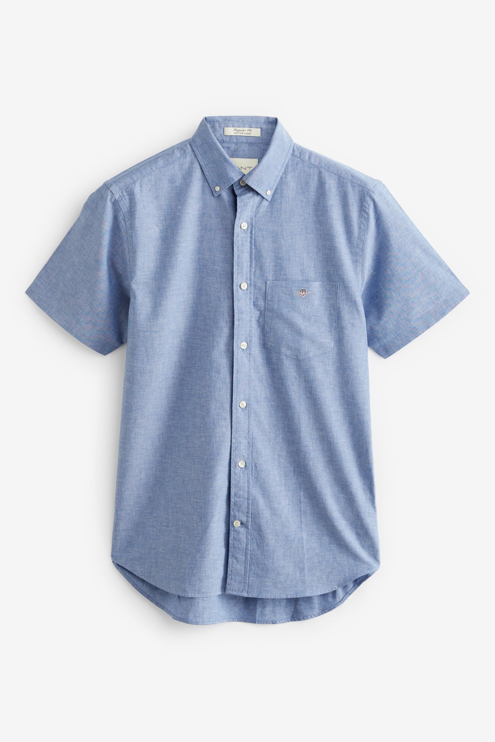 GANT Blue Regular Fit Cotton Linen Short Sleeve Shirt - Image 5 of 5