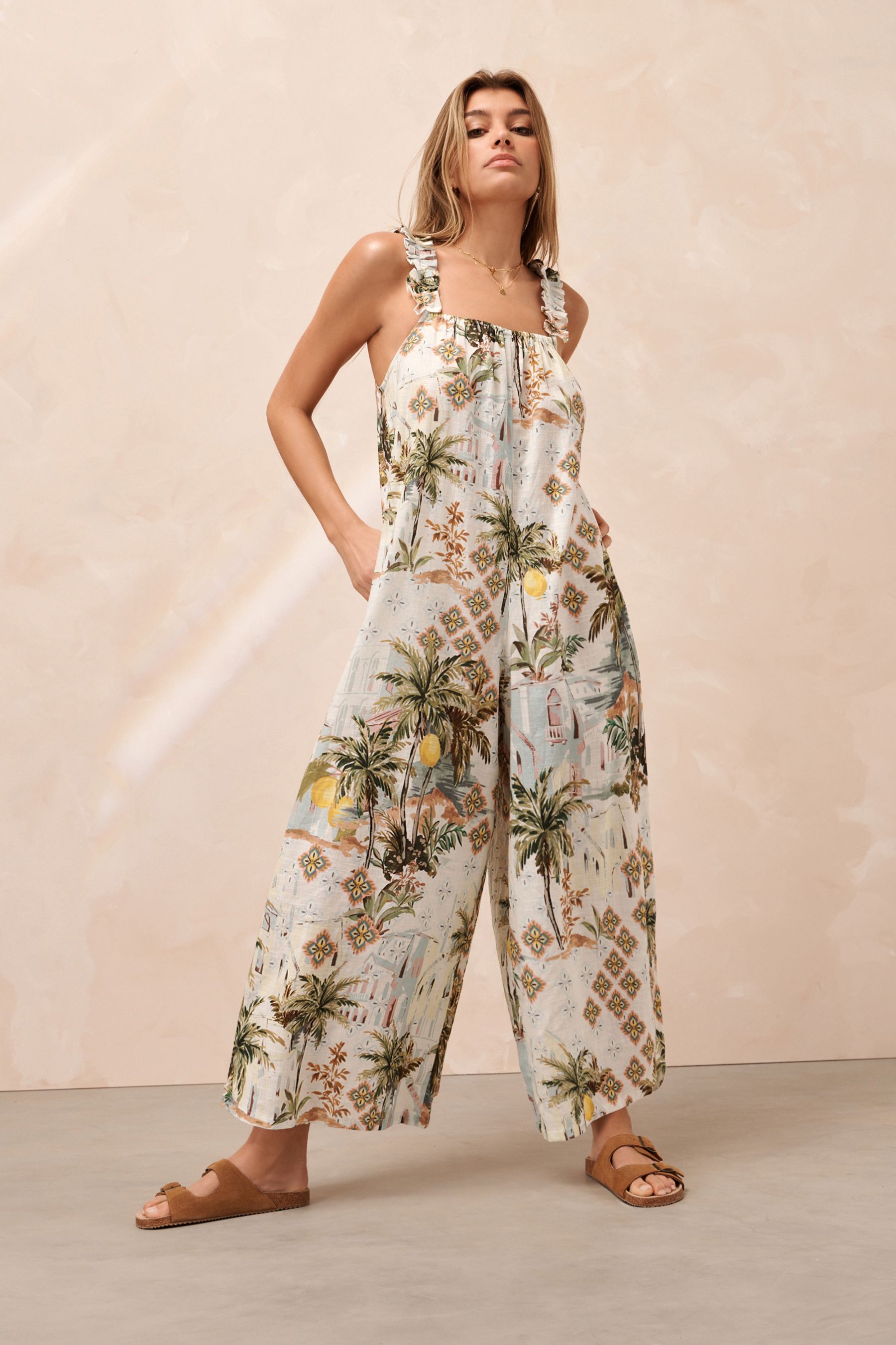 Cotton slim printed wide leg jumpsuit on sale