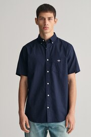 GANT Dark Blue Regular Fit Cotton Linen Short Sleeve Shirt - Image 5 of 7