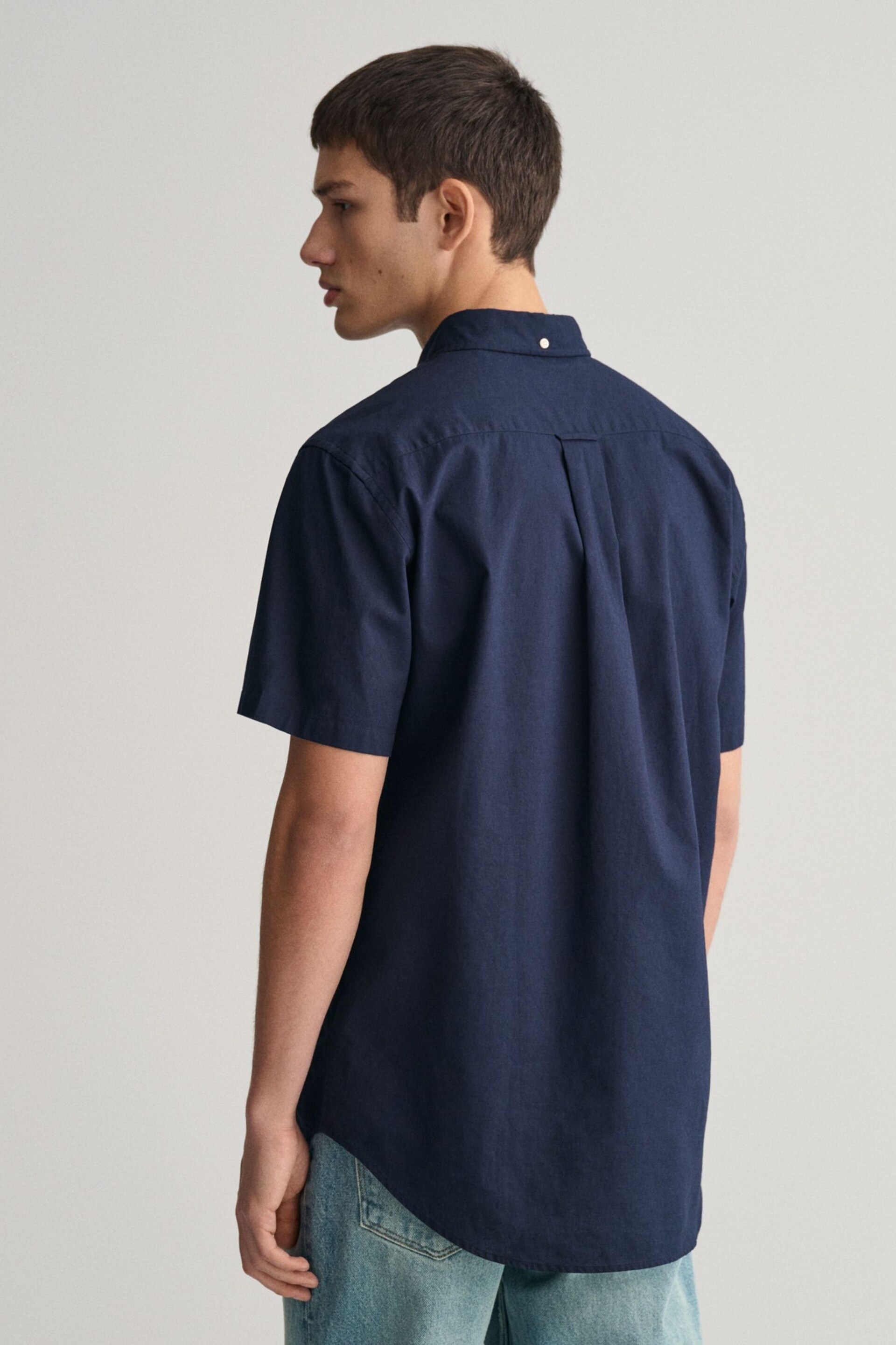 GANT Dark Blue Regular Fit Cotton Linen Short Sleeve Shirt - Image 6 of 7