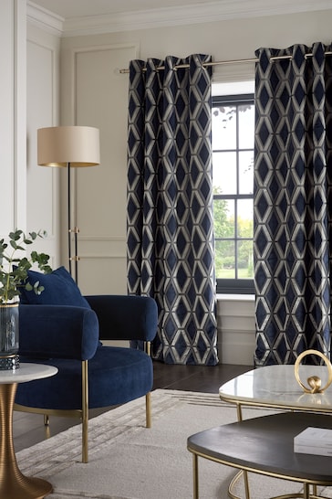 Navy Blue Collection Luxe Heavyweight Geometric Cut Velvet Lined Eyelet Curtains