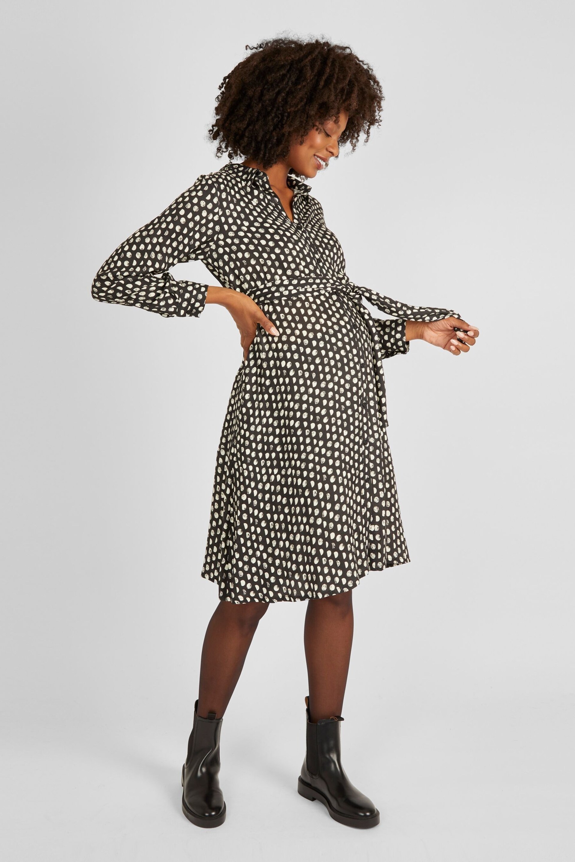 JoJo Maman Bébé Black Spot Print Shirt Dress With Tie - Image 1 of 4