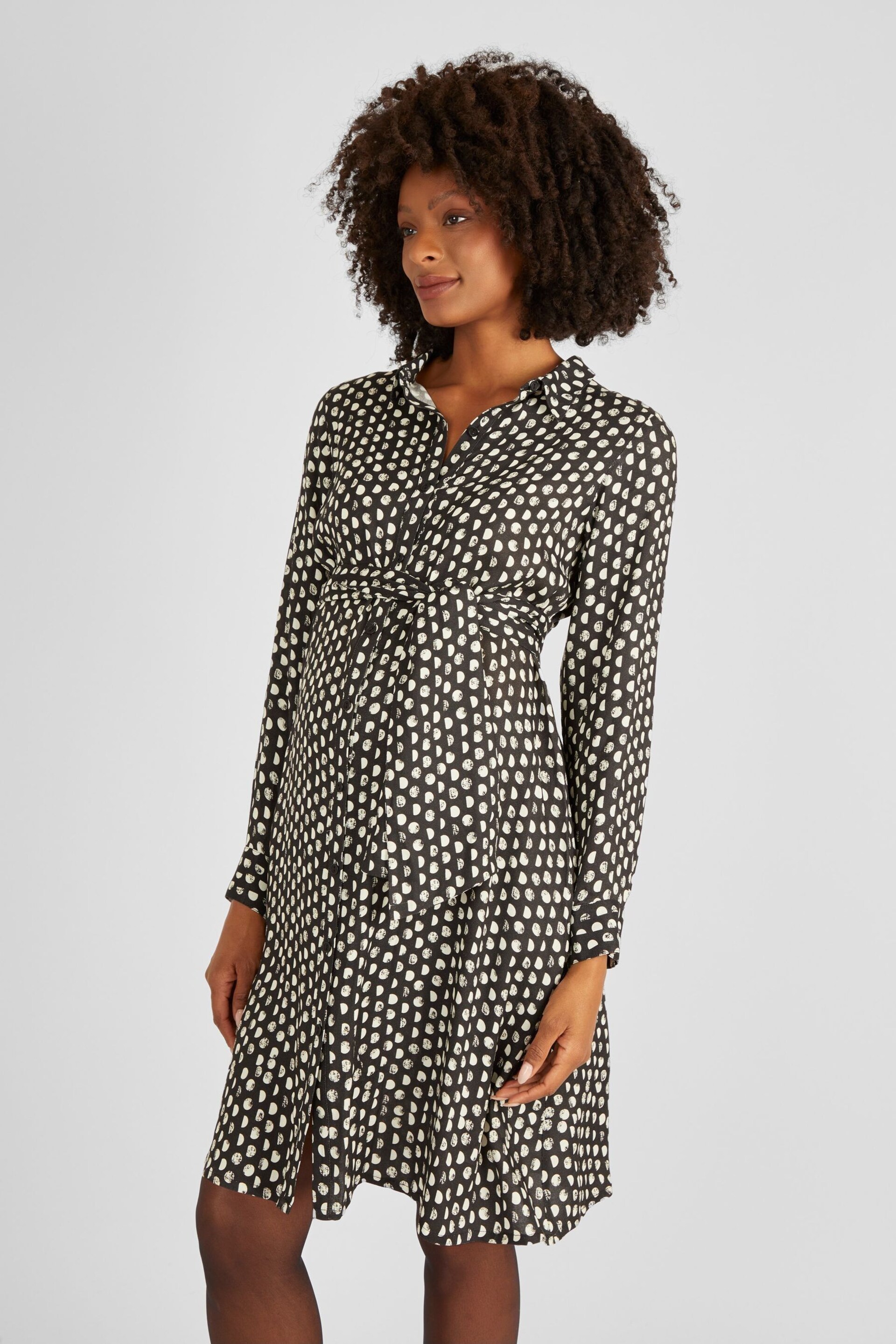 JoJo Maman Bébé Black Spot Print Shirt Dress With Tie - Image 2 of 4