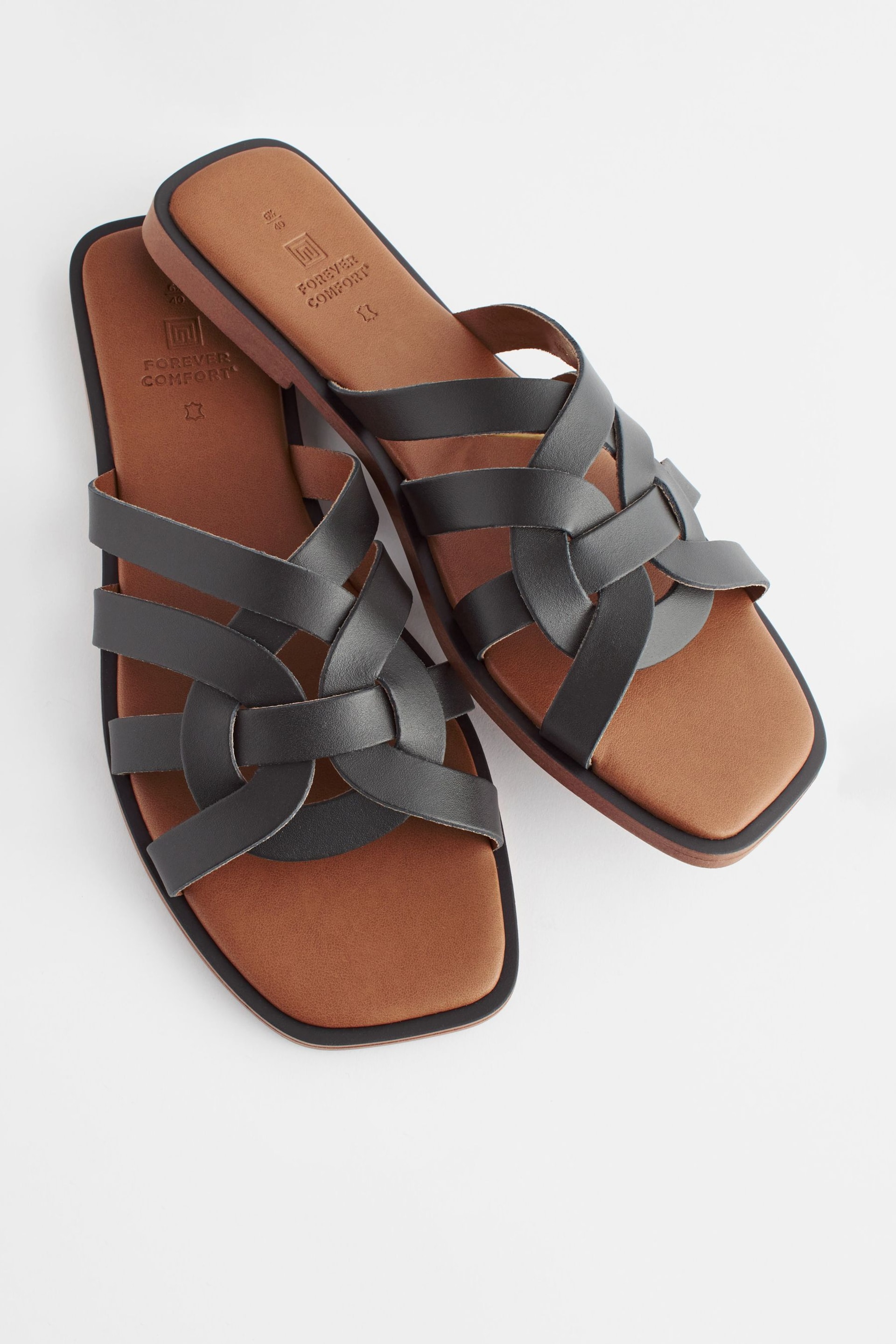 Black Extra Wide Fit Forever Comfort® Leather Lattice Mules Sandals - Image 3 of 6