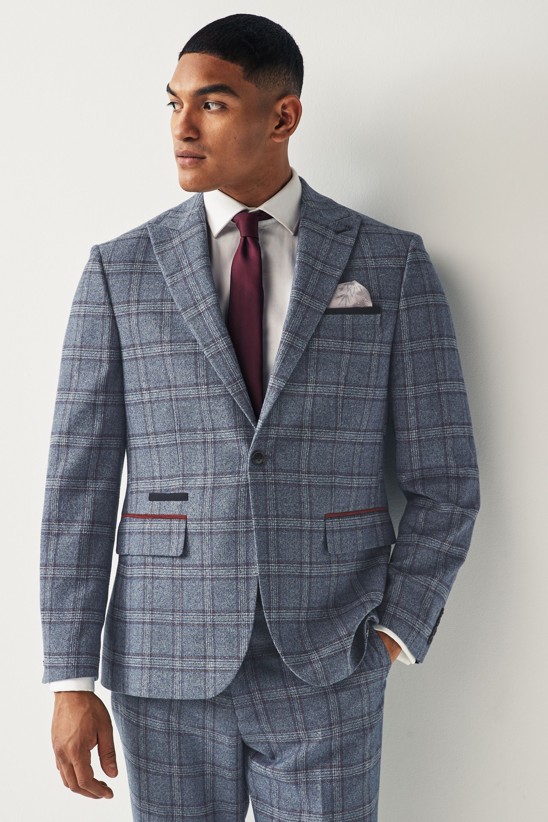 Blue Regular Fit Trimmed Check Suit Jacket