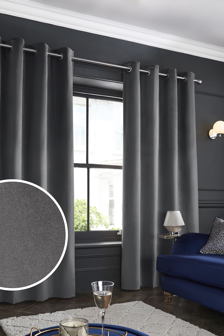 Grey Charcoal Matte Velvet Lined Eyelet Curtains - Image 1 of 7