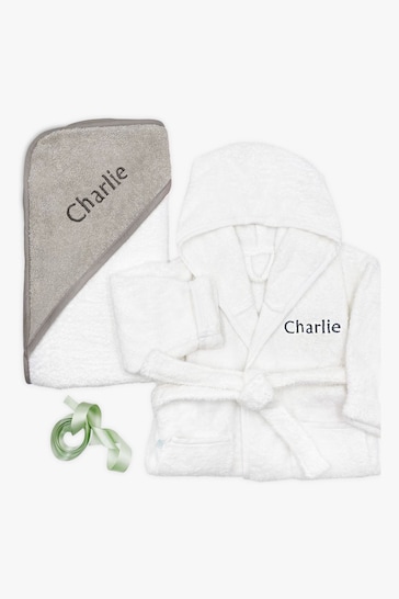 Babyblooms Personalised Grey Bathrobe with Luxury Hooded Towel