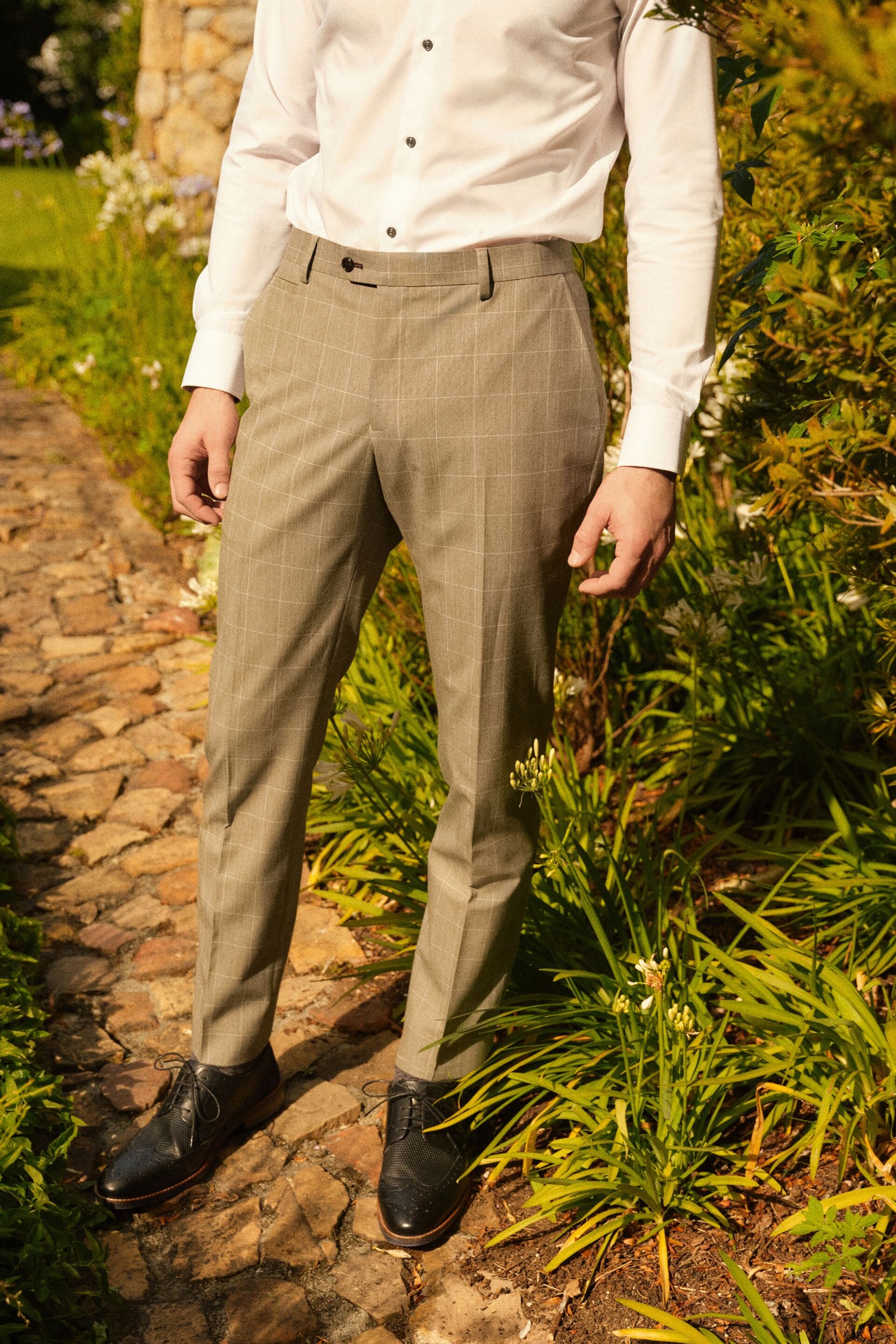 Taupe Brown Slim Fit Trimmed Check Suit Trousers - Image 1 of 5
