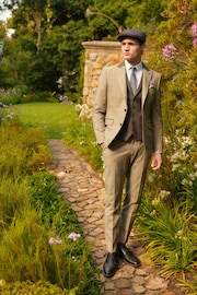 Taupe Brown Slim Fit Trimmed Check Suit Trousers - Image 2 of 5