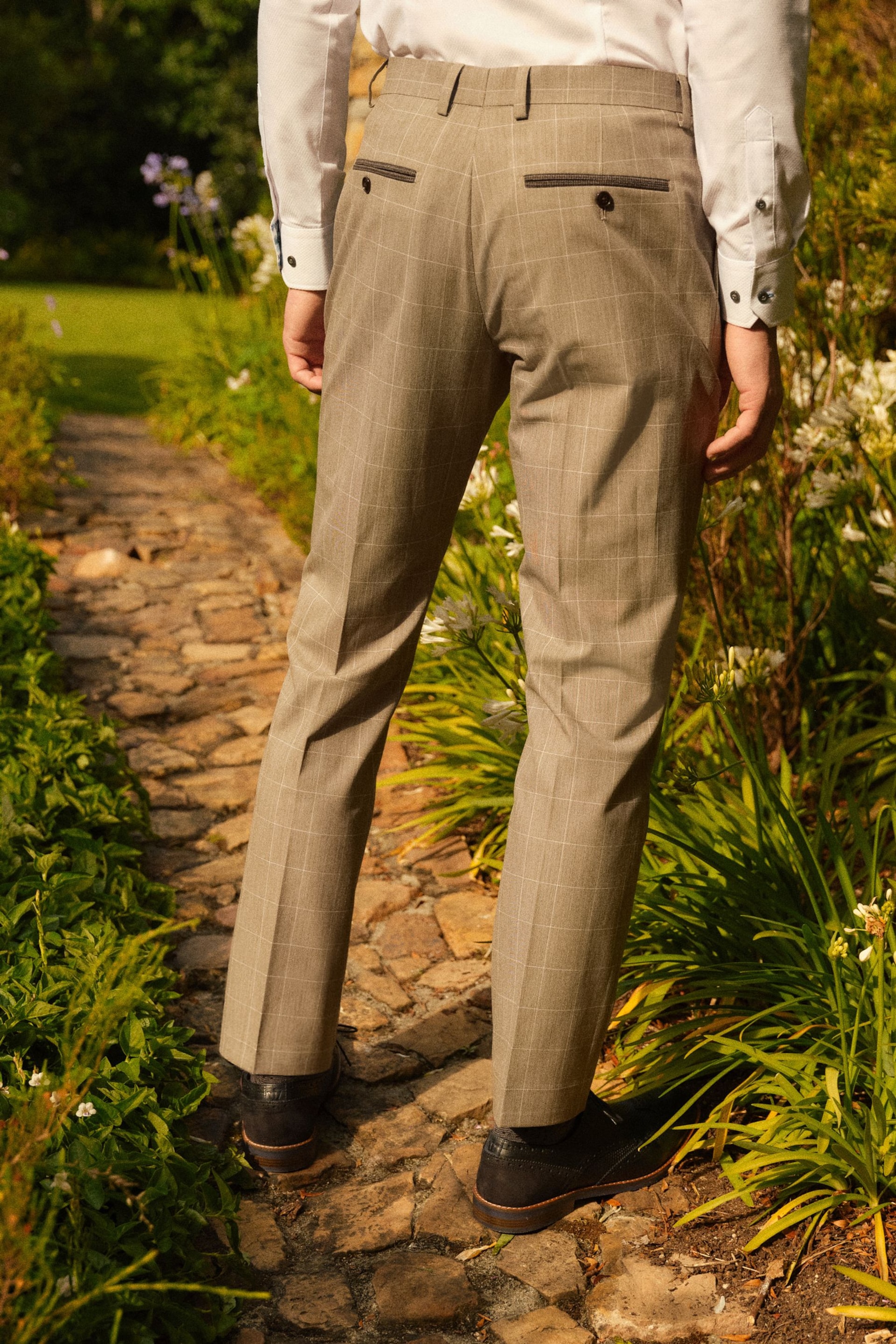 Taupe Brown Slim Fit Trimmed Check Suit Trousers - Image 3 of 5