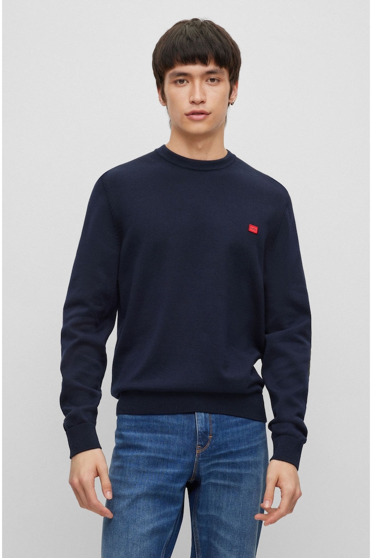 HUGO Dark Blue 100% Cotton Box Logo Cotton Jumper - Image 1 of 5