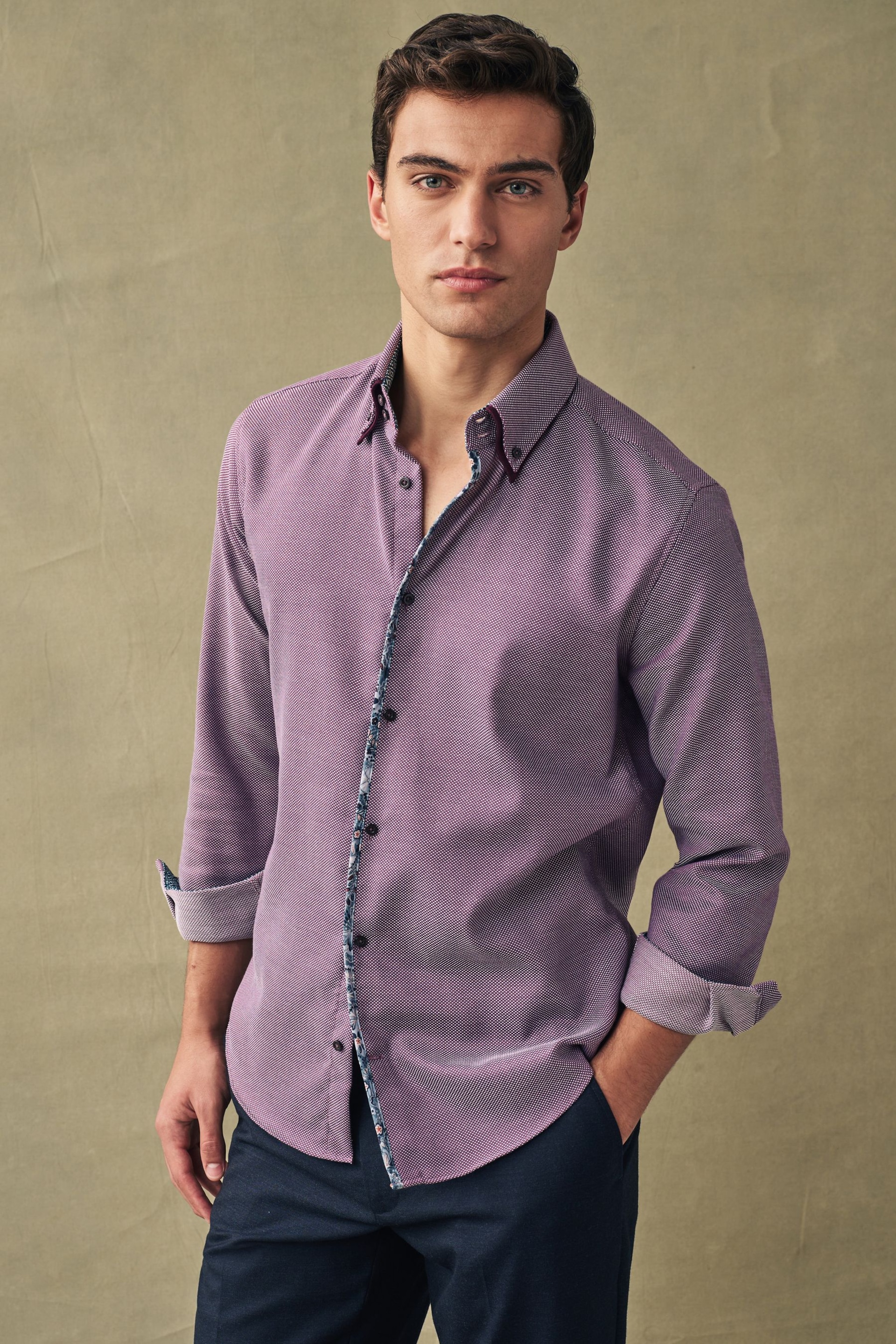 Purple Regular Fit Textured Trimmed Double Collar Shirt - Image 1 of 7