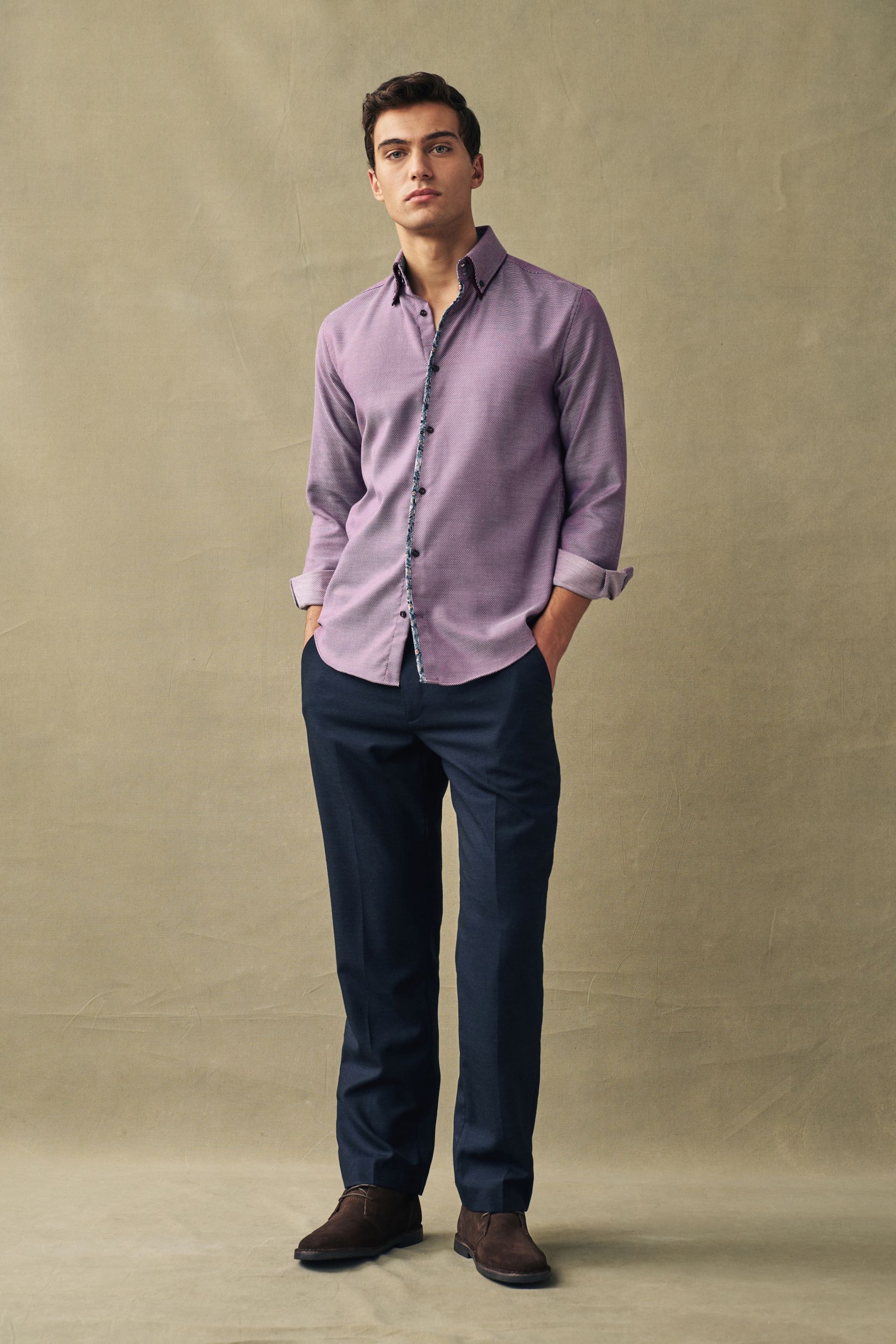 Purple Regular Fit Textured Trimmed Double Collar Shirt - Image 2 of 7