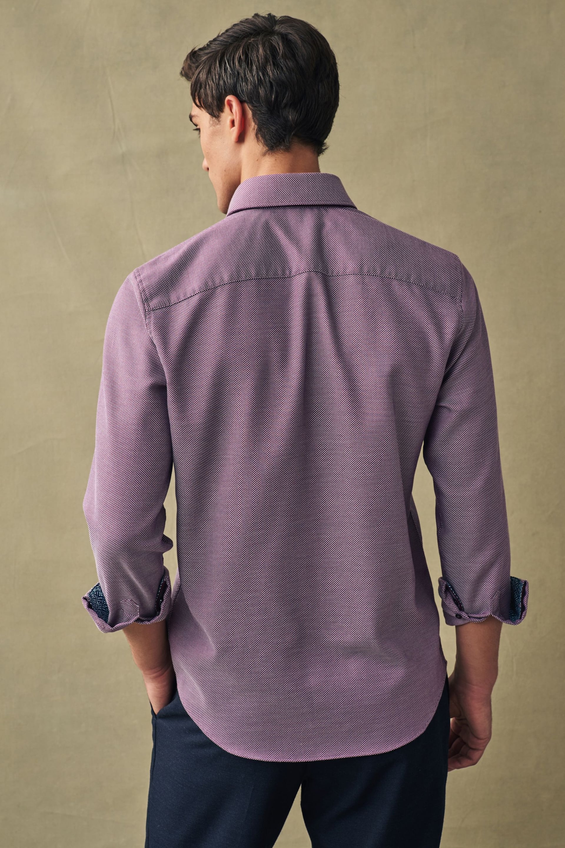 Purple Regular Fit Textured Trimmed Double Collar Shirt - Image 3 of 7