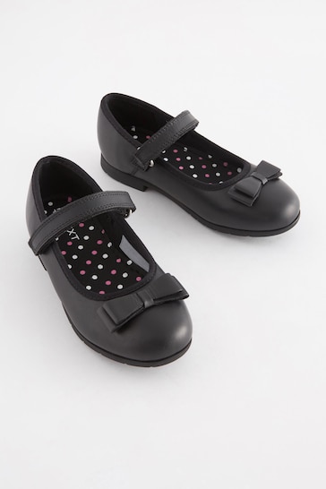 Black Narrow Fit (E) School Leather Bow Mary Jane Shoes