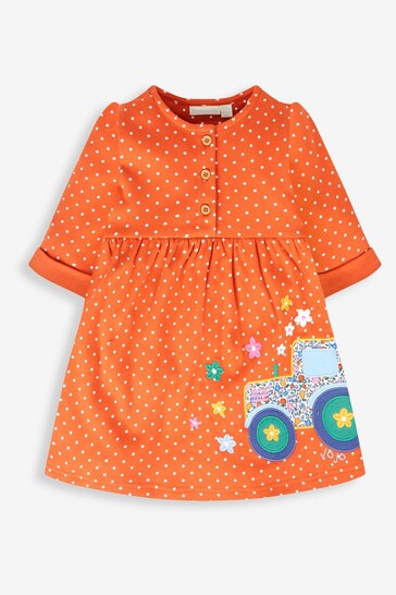 JoJo Maman Bébé Rust Orange Tractor Appliqué Button Front Dress