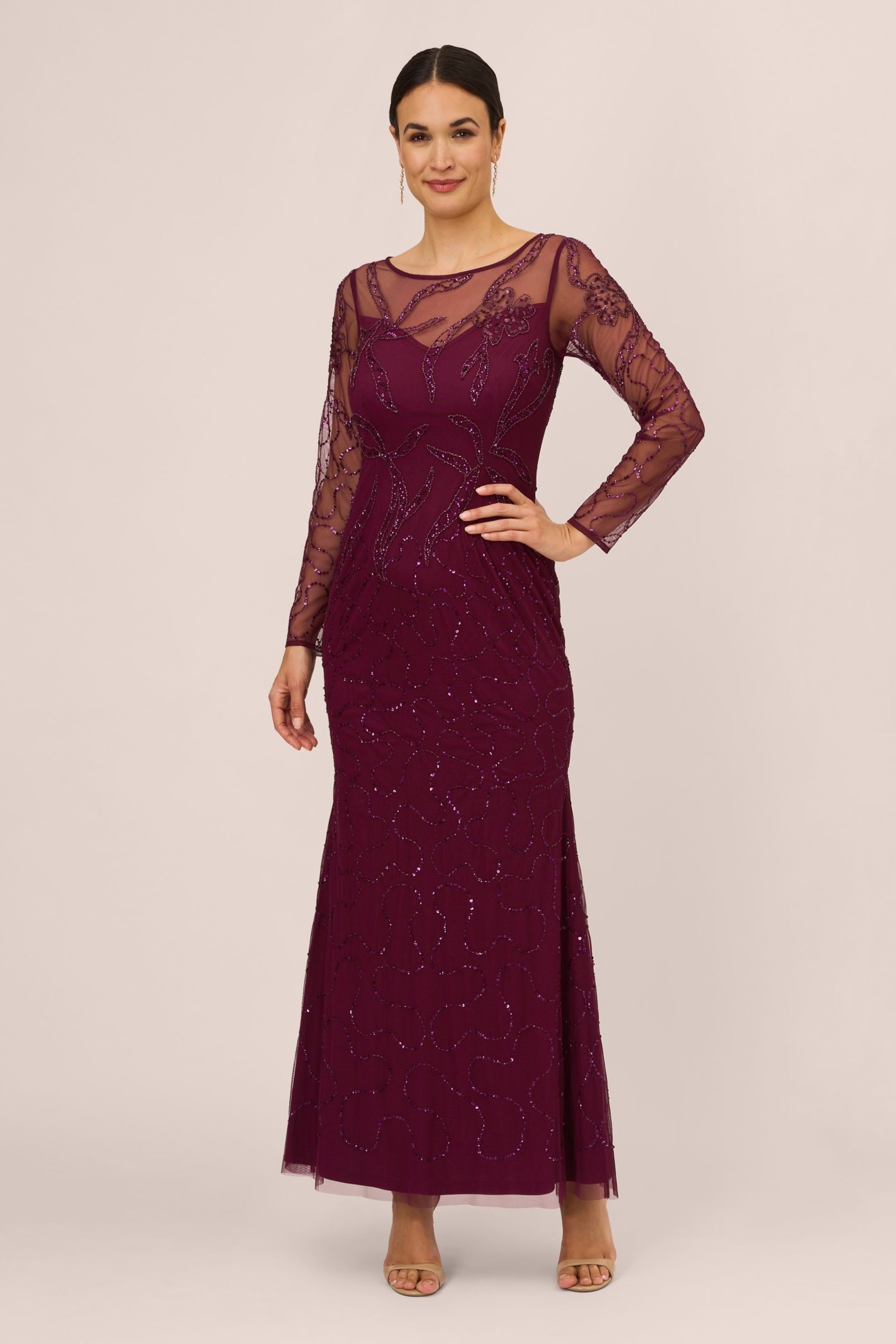 Adrianna Papell Red Studio Beaded Long Sleeve Gown - Image 1 of 6