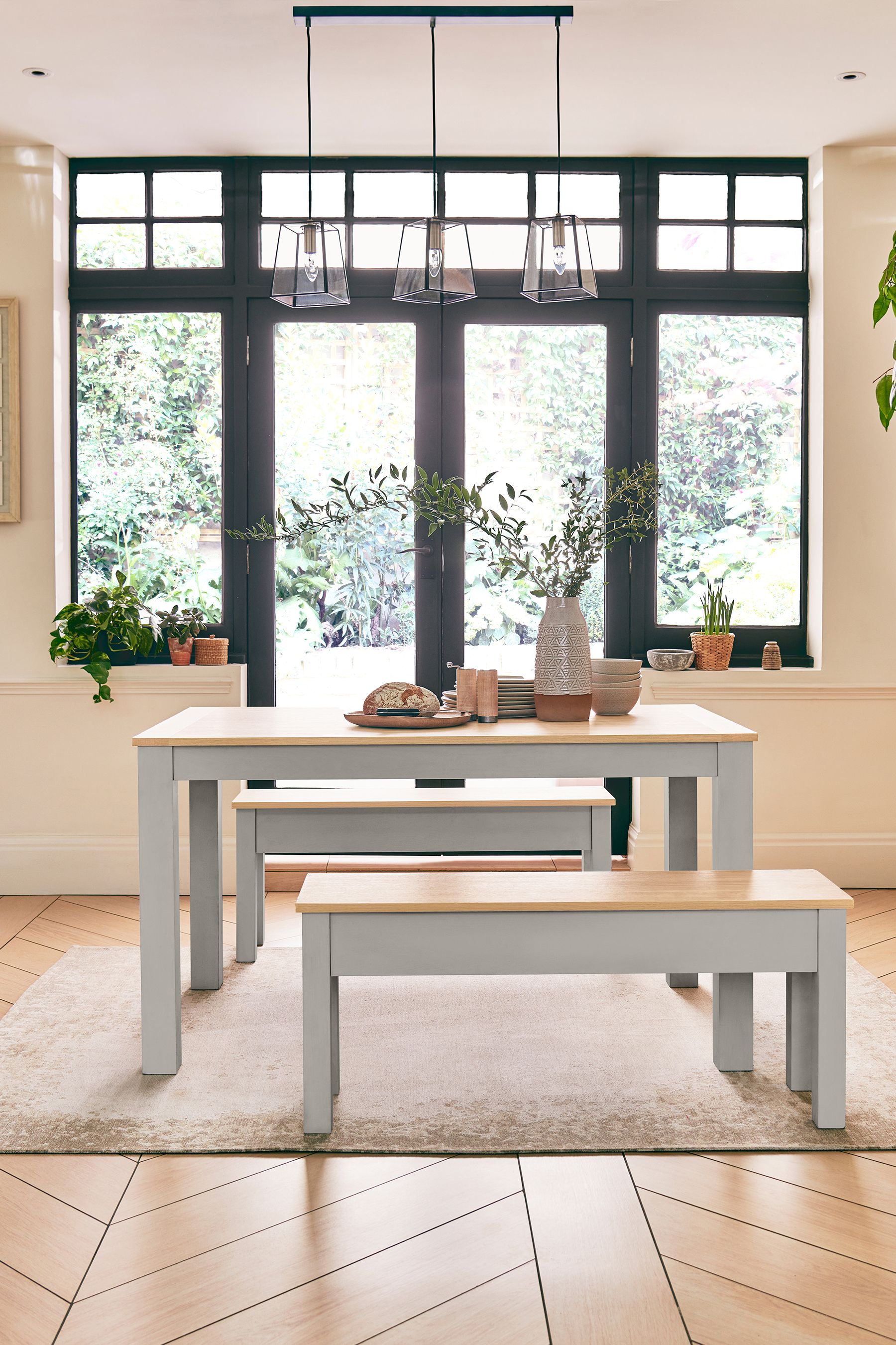 Buy Dove Grey Malvern Oak Effect 4 Seater Dining Table and Bench Set ...