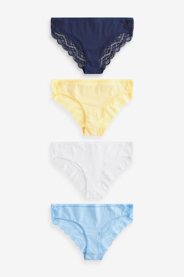 White/Blue/Yellow Bikini Cotton and Lace Knickers 4 Pack