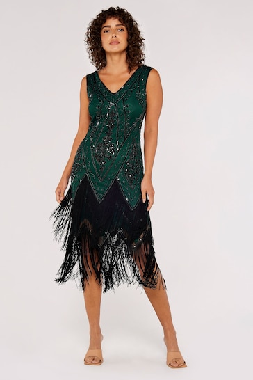 Apricot Green Chevron Sequin Double Frill Gatsby Style Dress