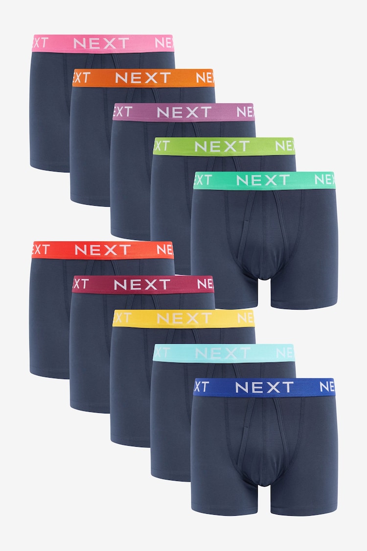 Navy Blue Bright Waistband 10 pack A-Front Boxers - Image 1 of 13
