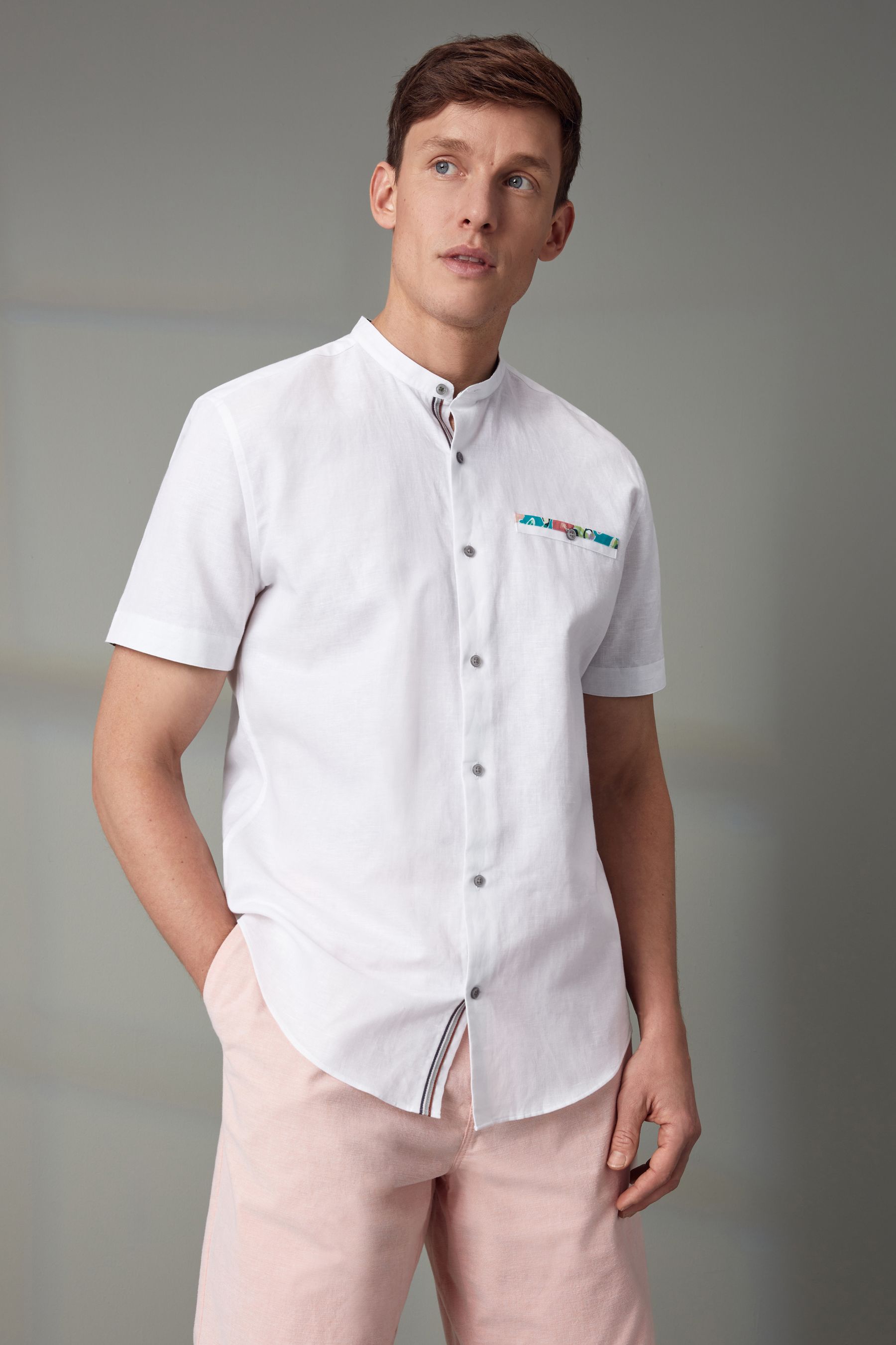 White grandad collar shirt short sleeve hot sale